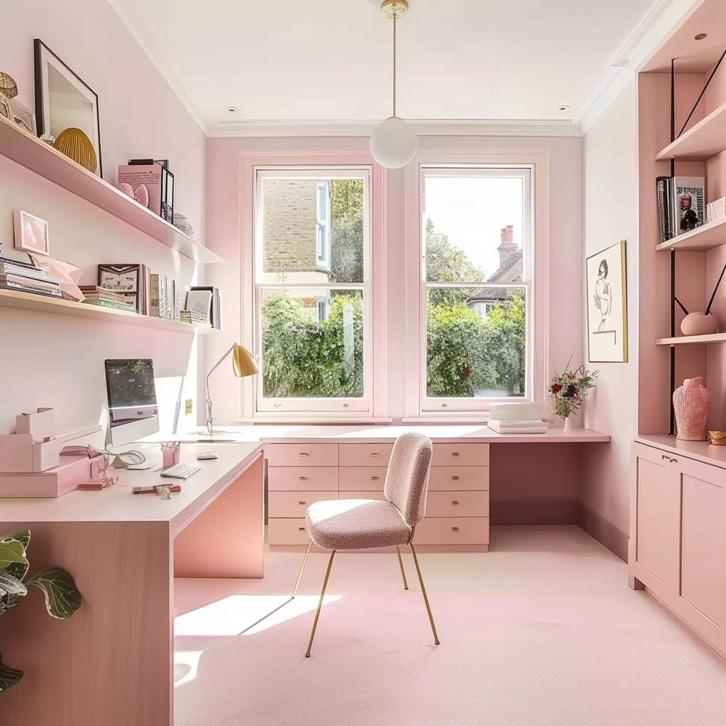 The 11 Best Home Office Paint Colors In 2025 Rhythm Of The Home Featured Feminine Pink Home Office With Gold Accents 1024x1024