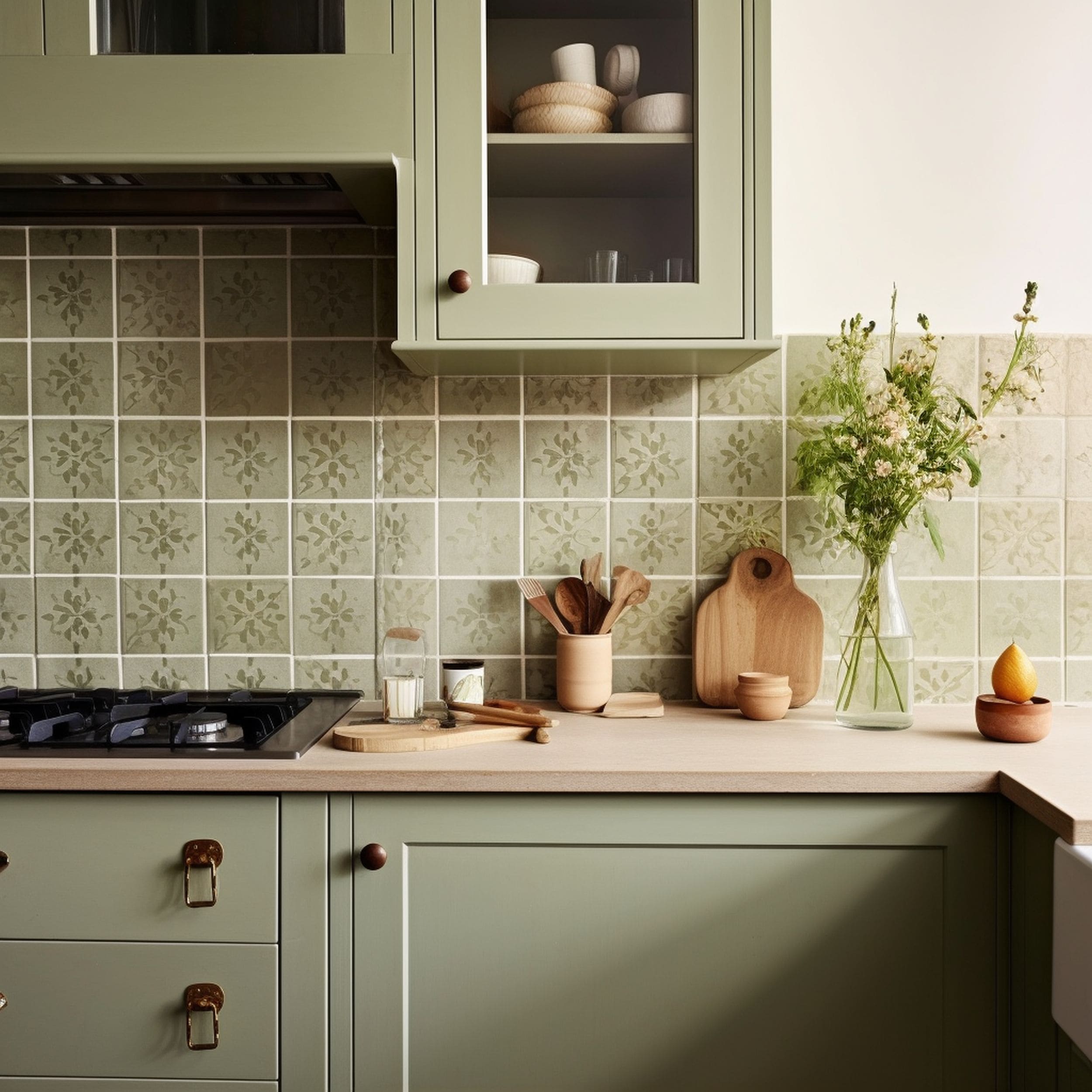 Kitchen With Sage Green cabinets and Matching Backsplash