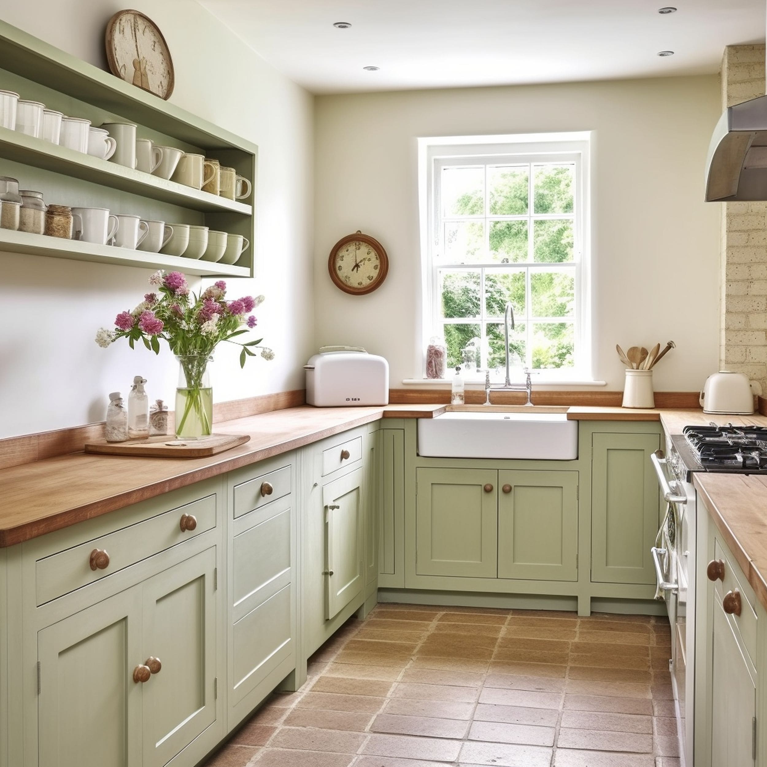 Country Style Kitchen With Sage Green Cabinets