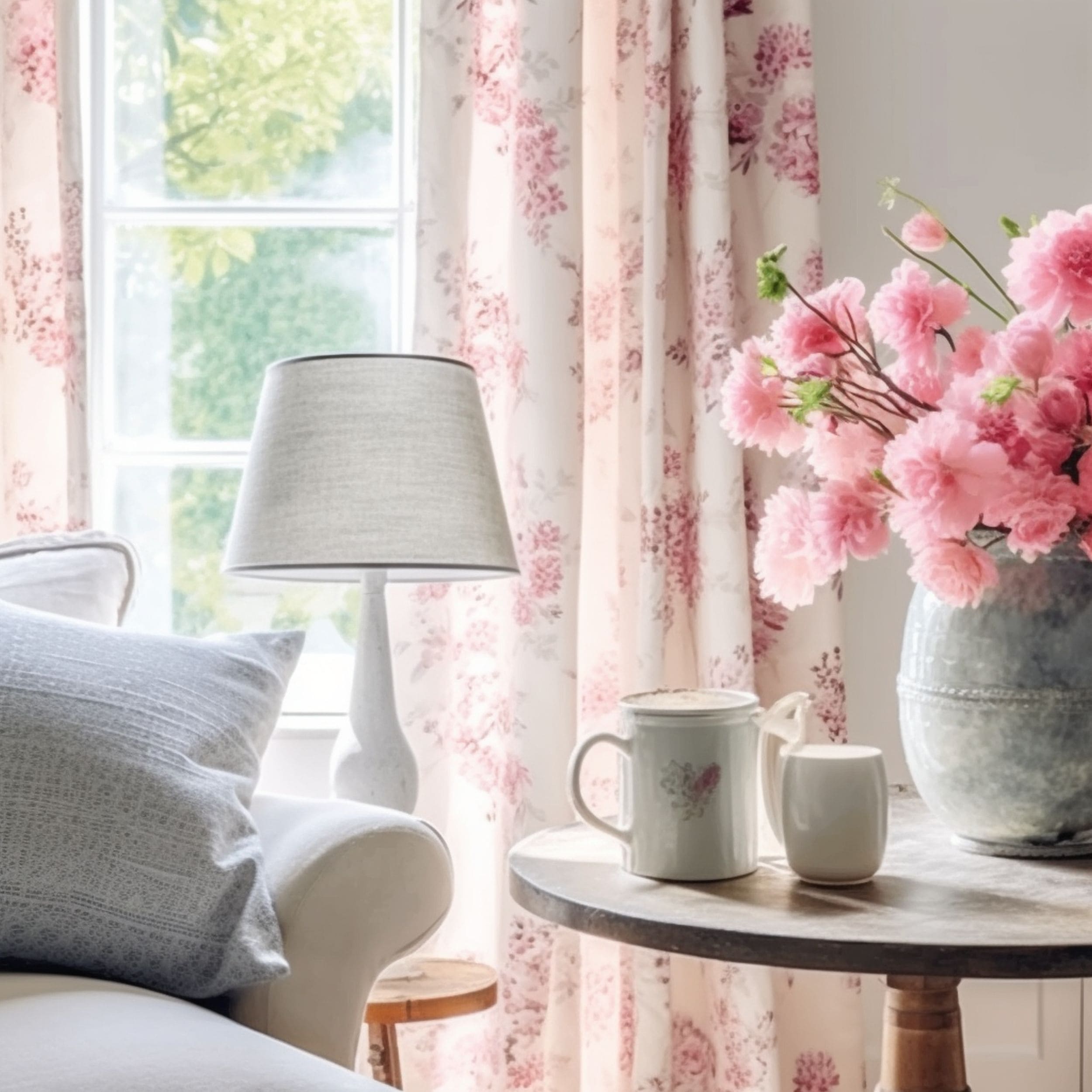 Cottagecore Living Room With Pink Floral Curtains