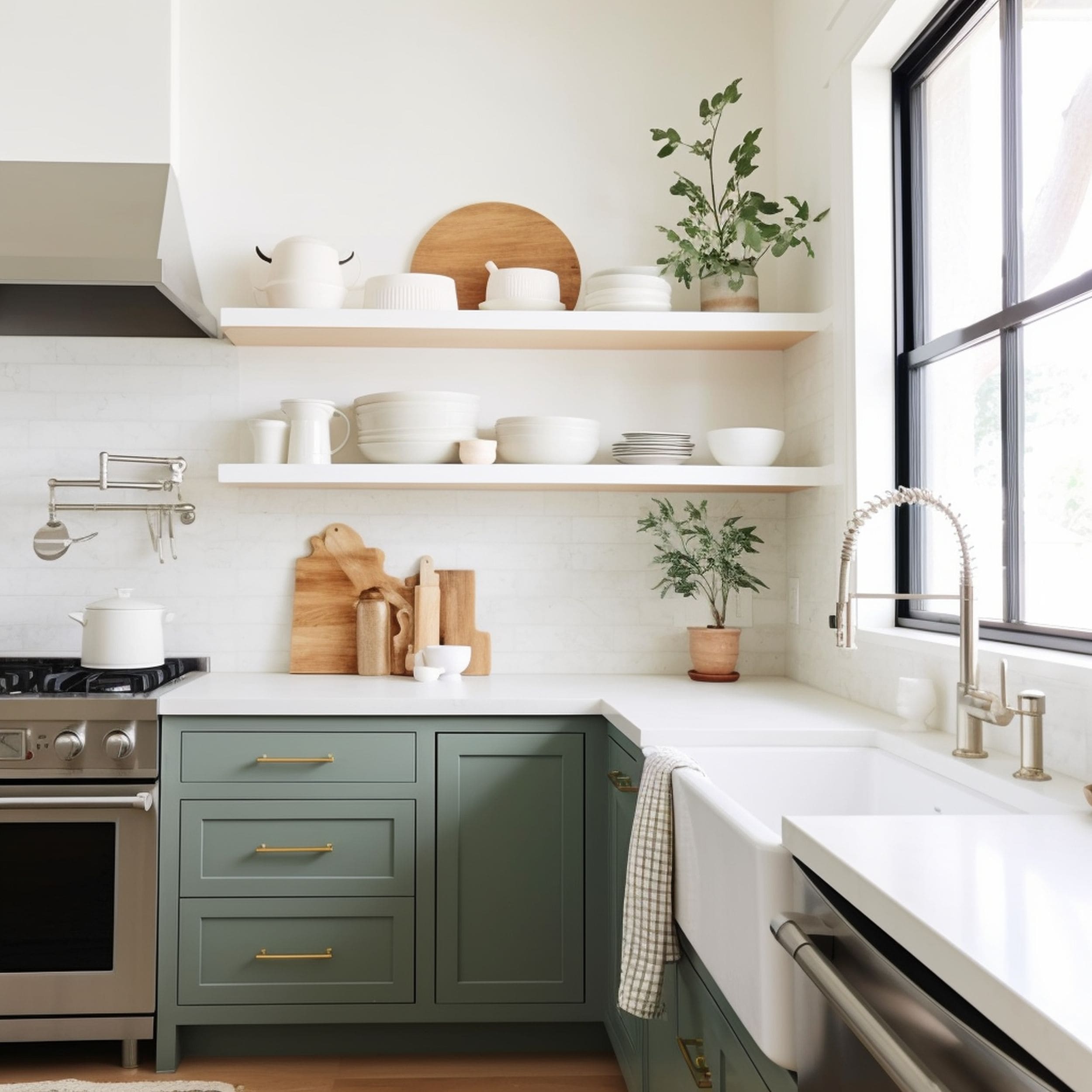 Kitchen With Sage Green Cabinets and Open Shelves