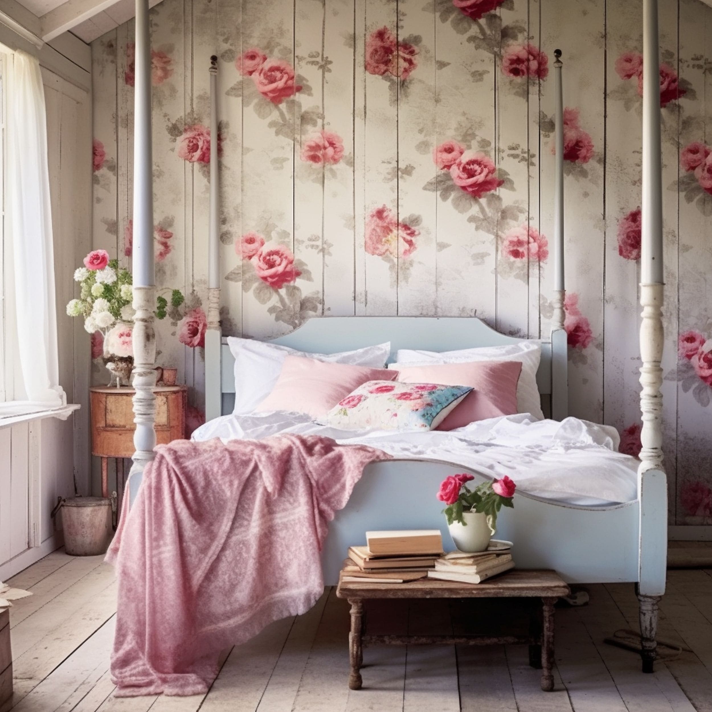 Shabby Chic Bedroom With Rose Wallpaper