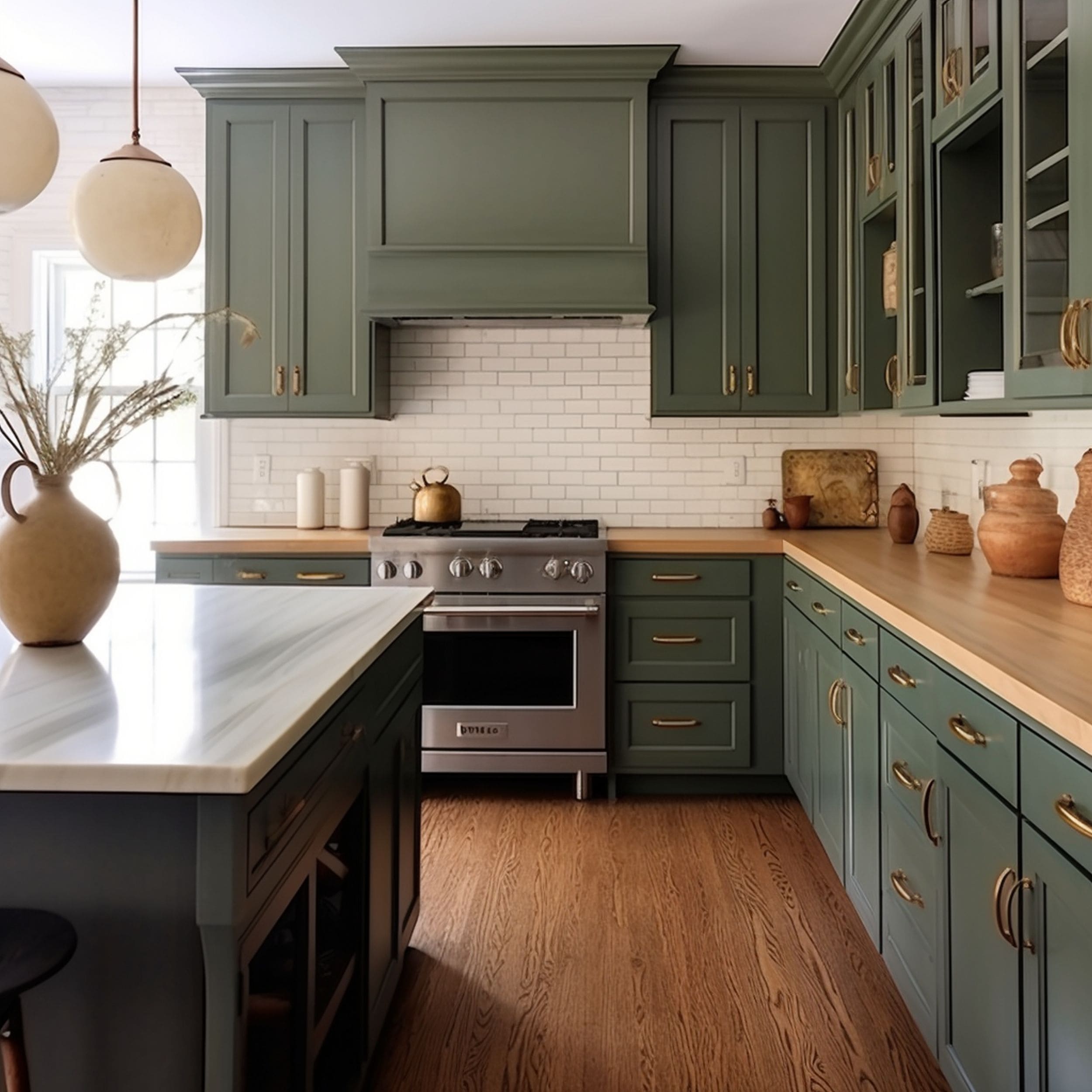 Kitchen With Dark Sage Green Cabinets