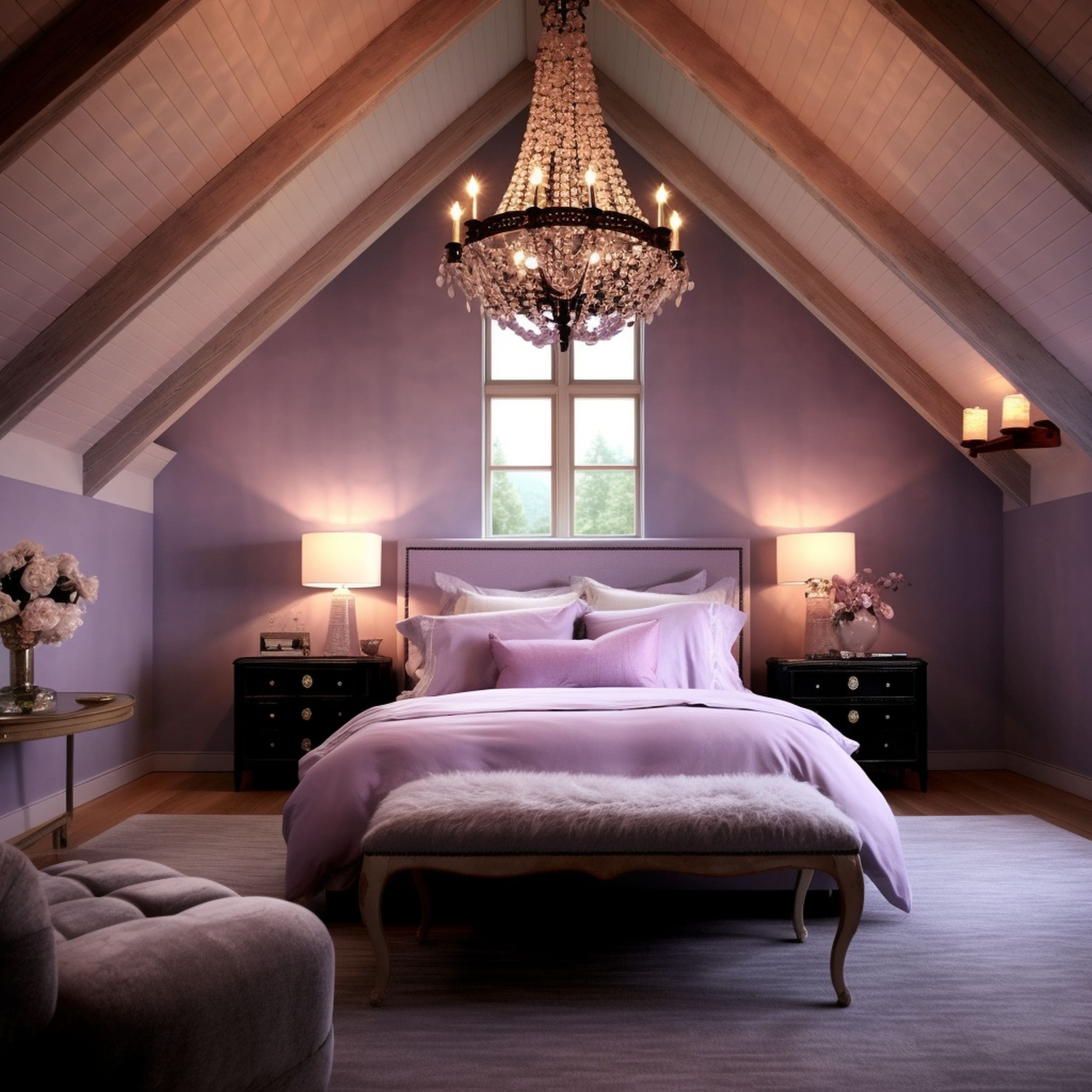 Lavender Purple Bedroom With Glamorous Chandelier