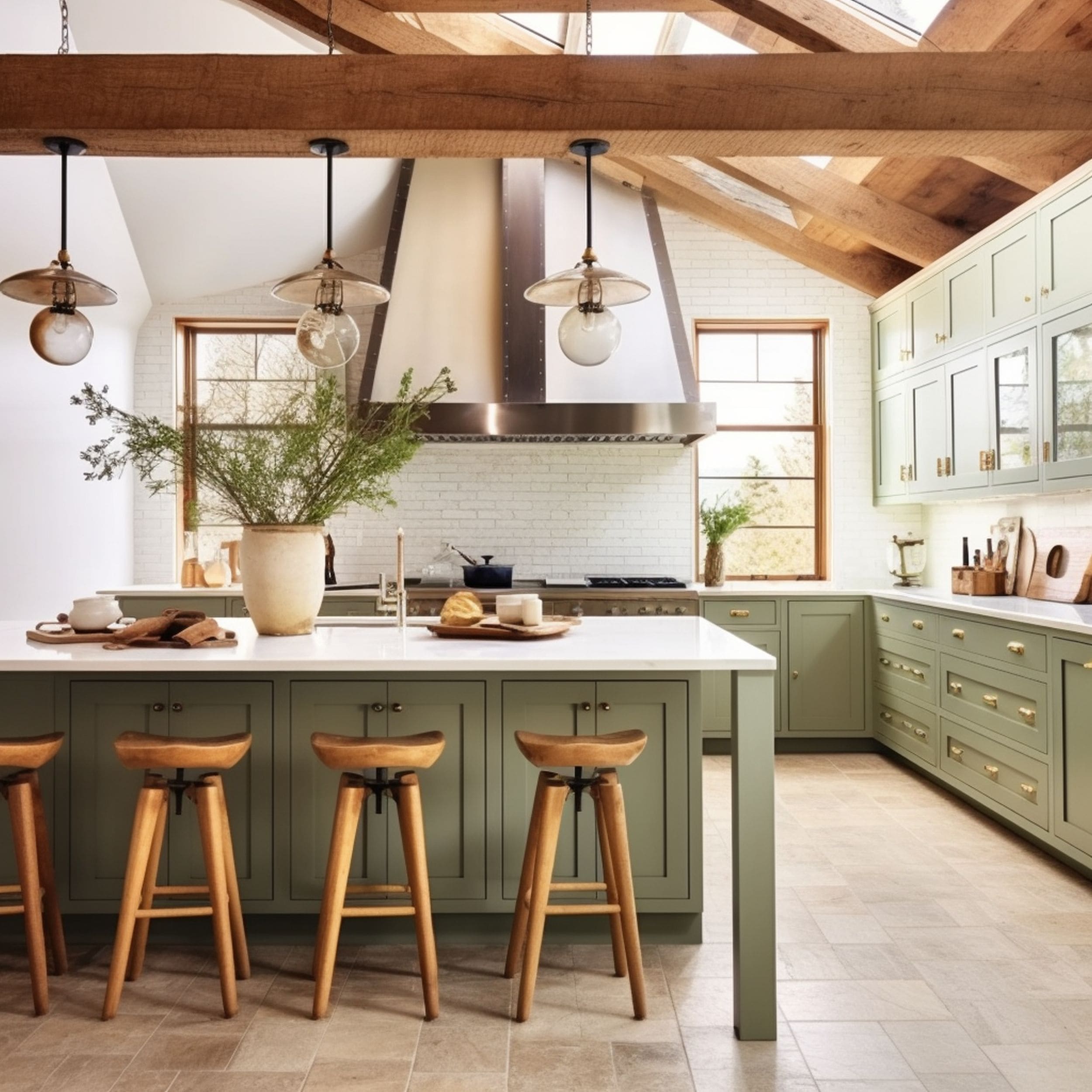 Kitchen With Sage Green Cabinets and Rustic Ceiling Beams