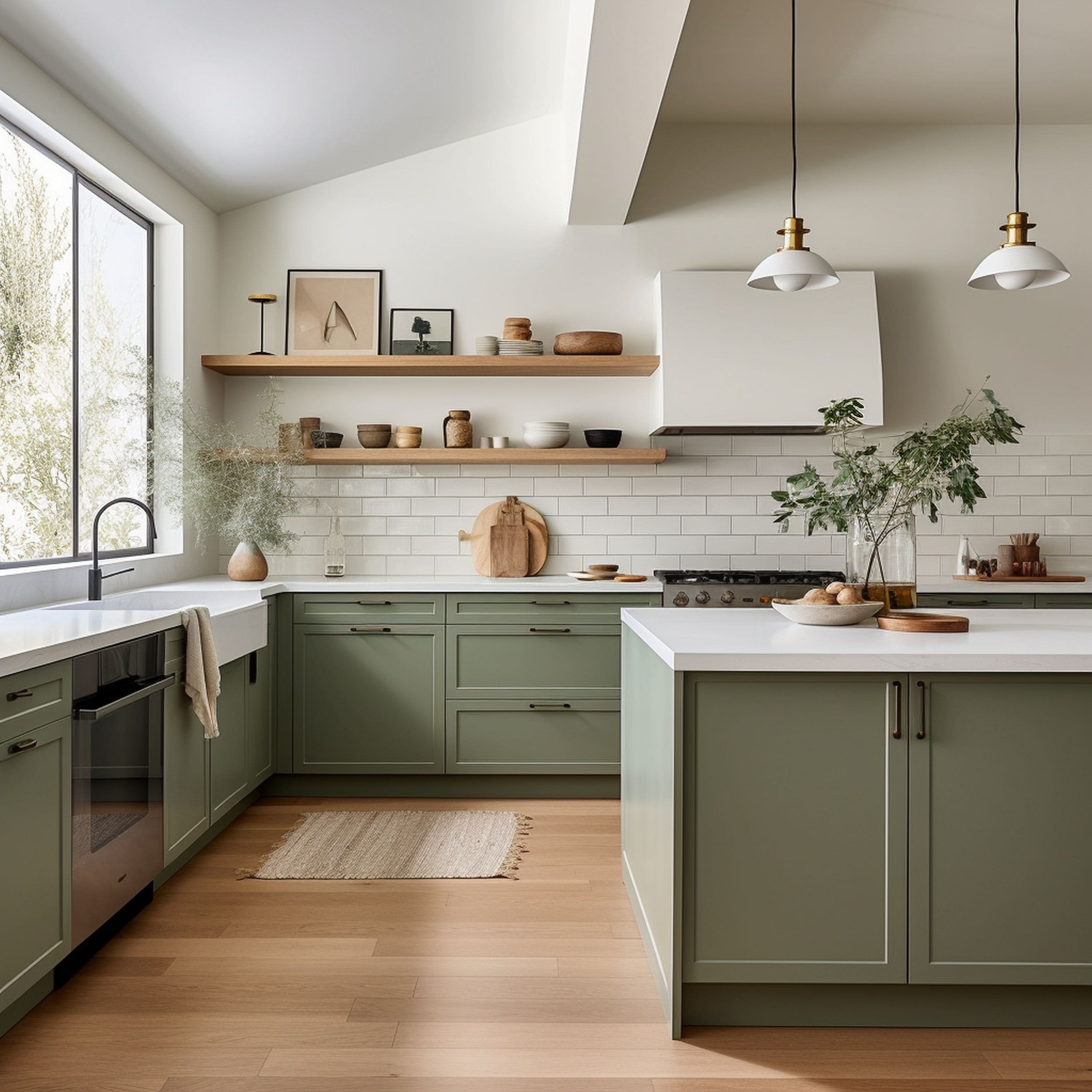 Kitchen With Sage Green Cabinets and White Walls