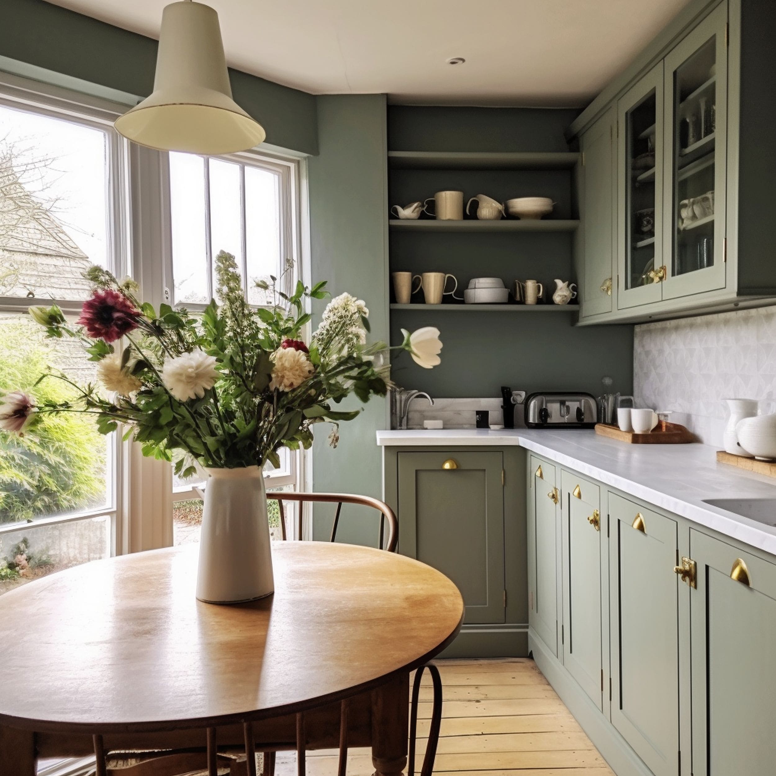 Kitchen With Sage Green Cabinets and Flowers