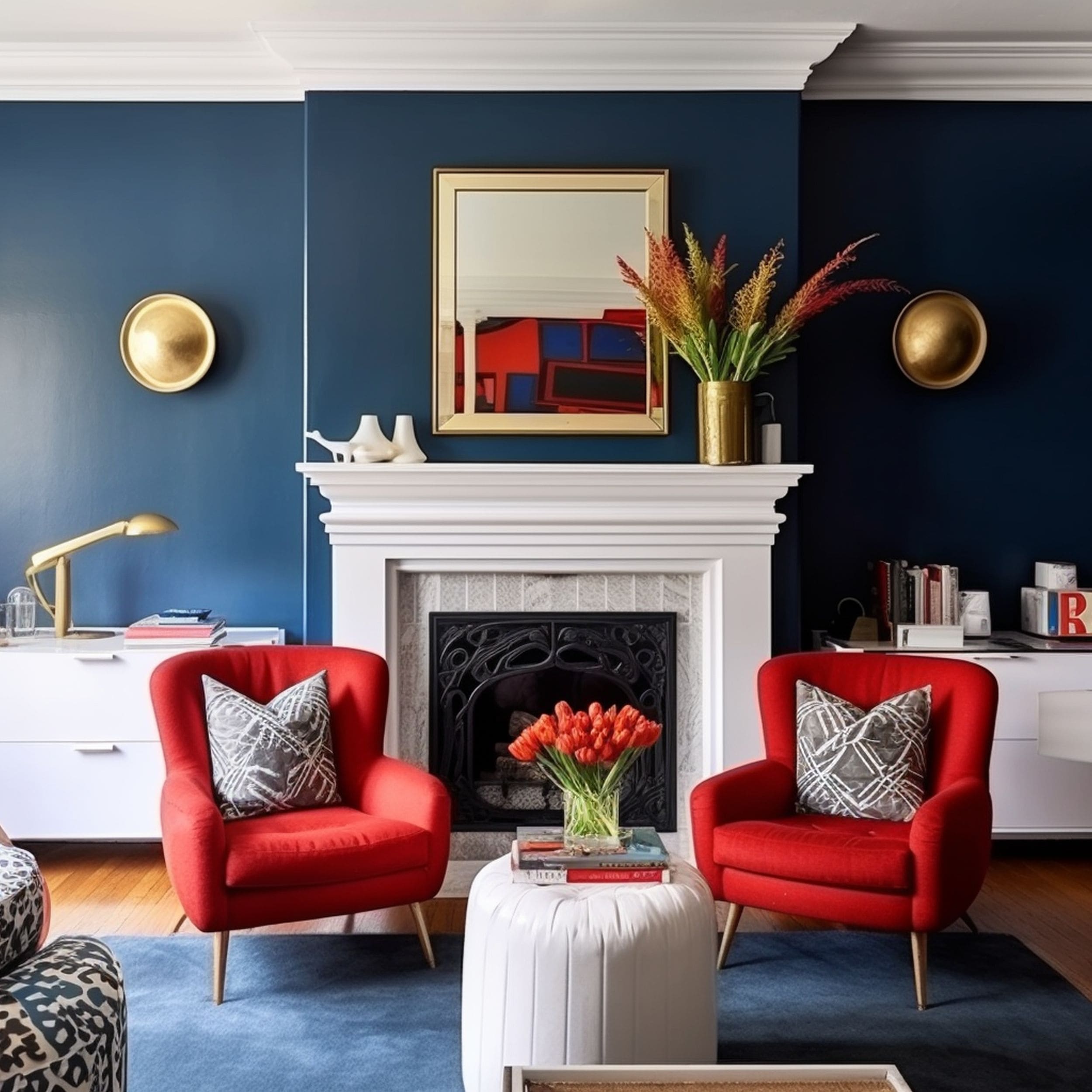 Navy Blue and Red Living Room