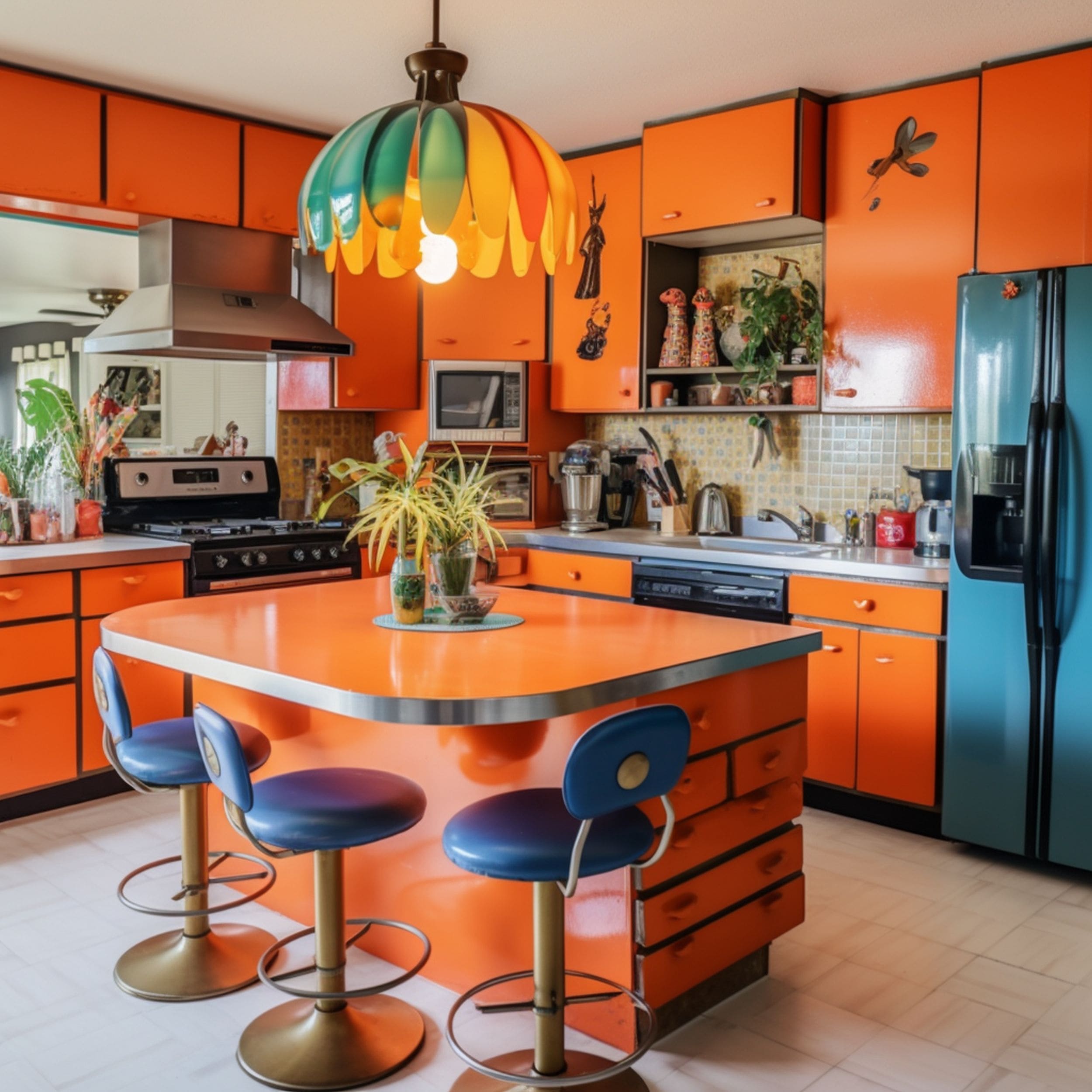Kitschy Orange Kitchen With Blue Fridge
