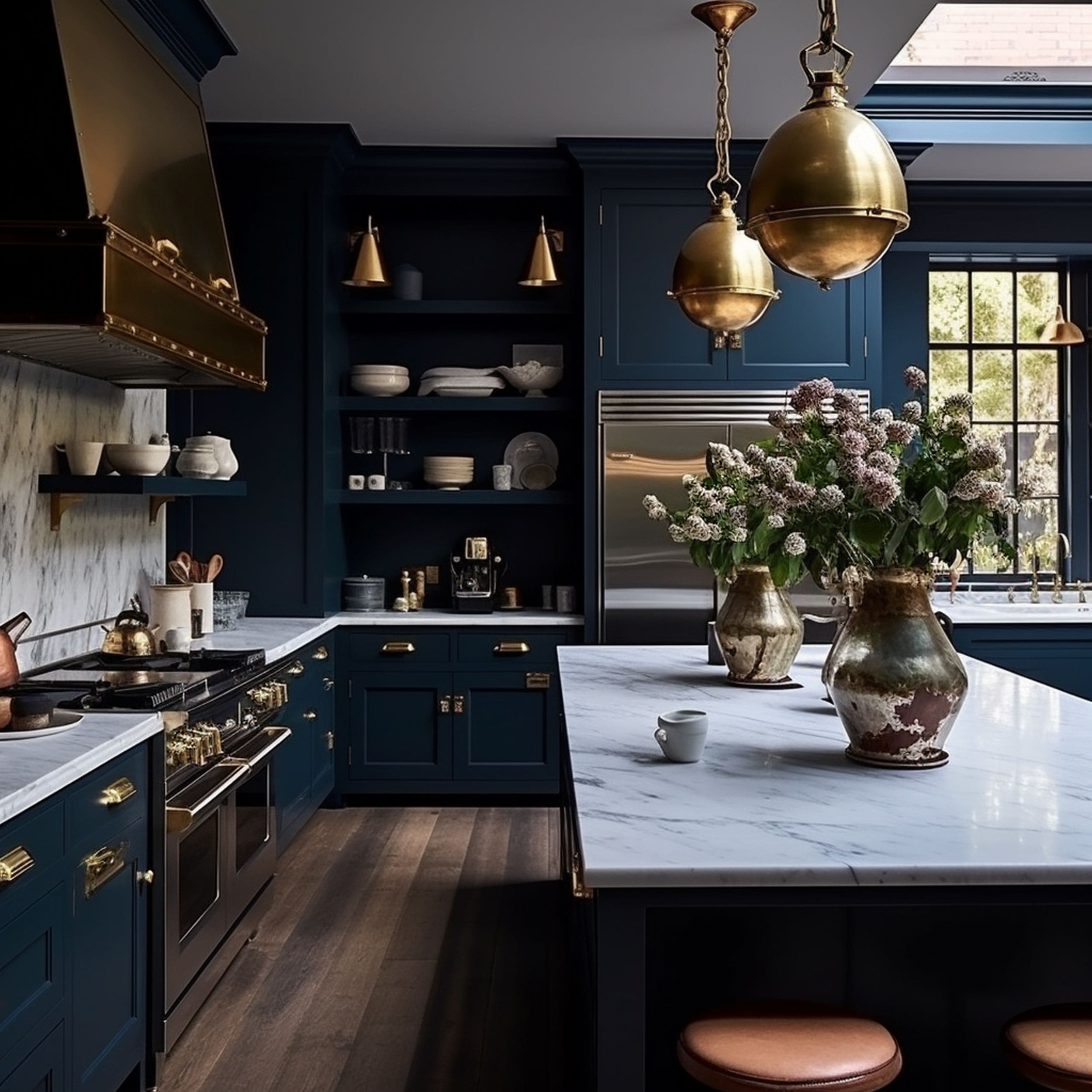 Navy Blue Kitchen With Brass Accents