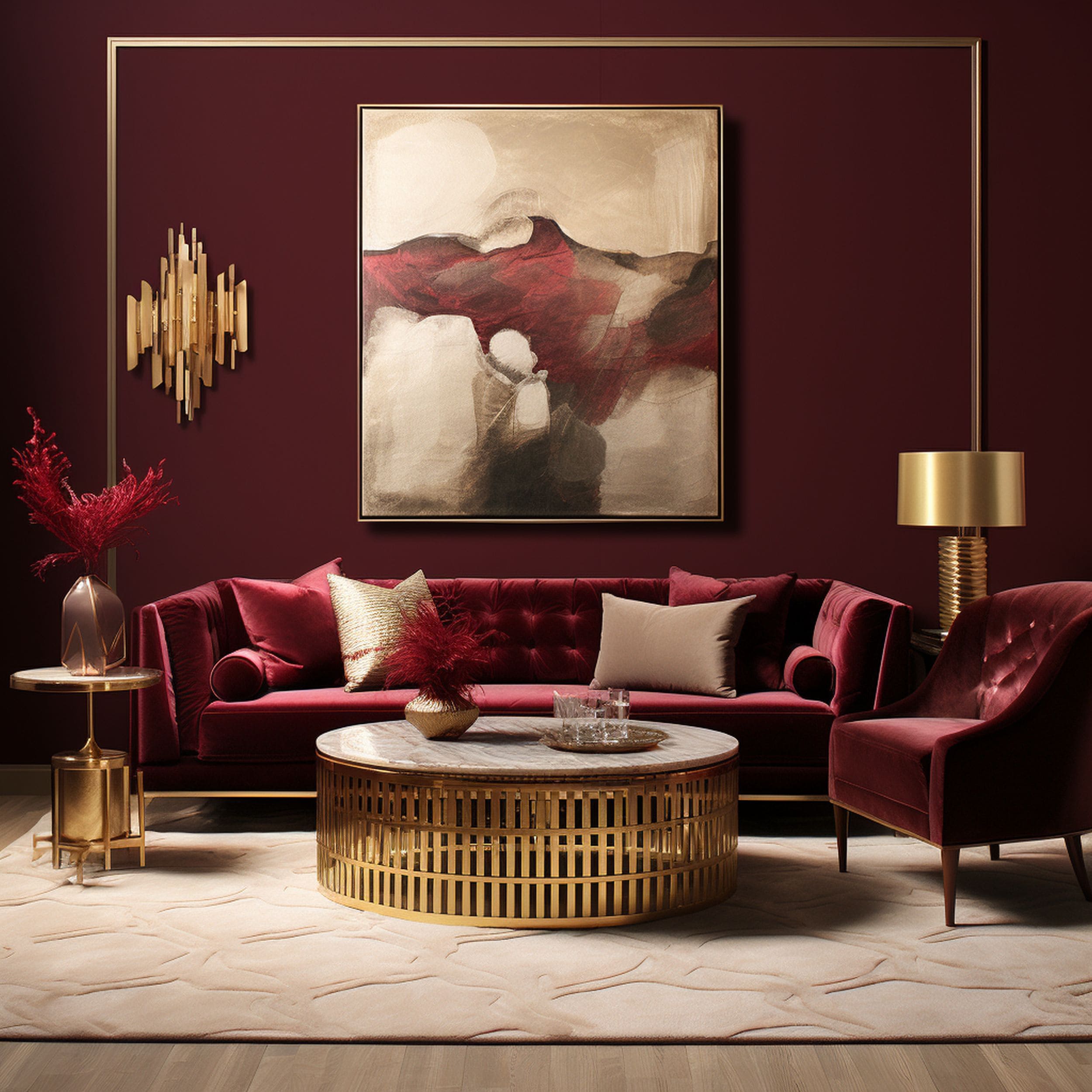 Burgundy Living Room With Brass Accents