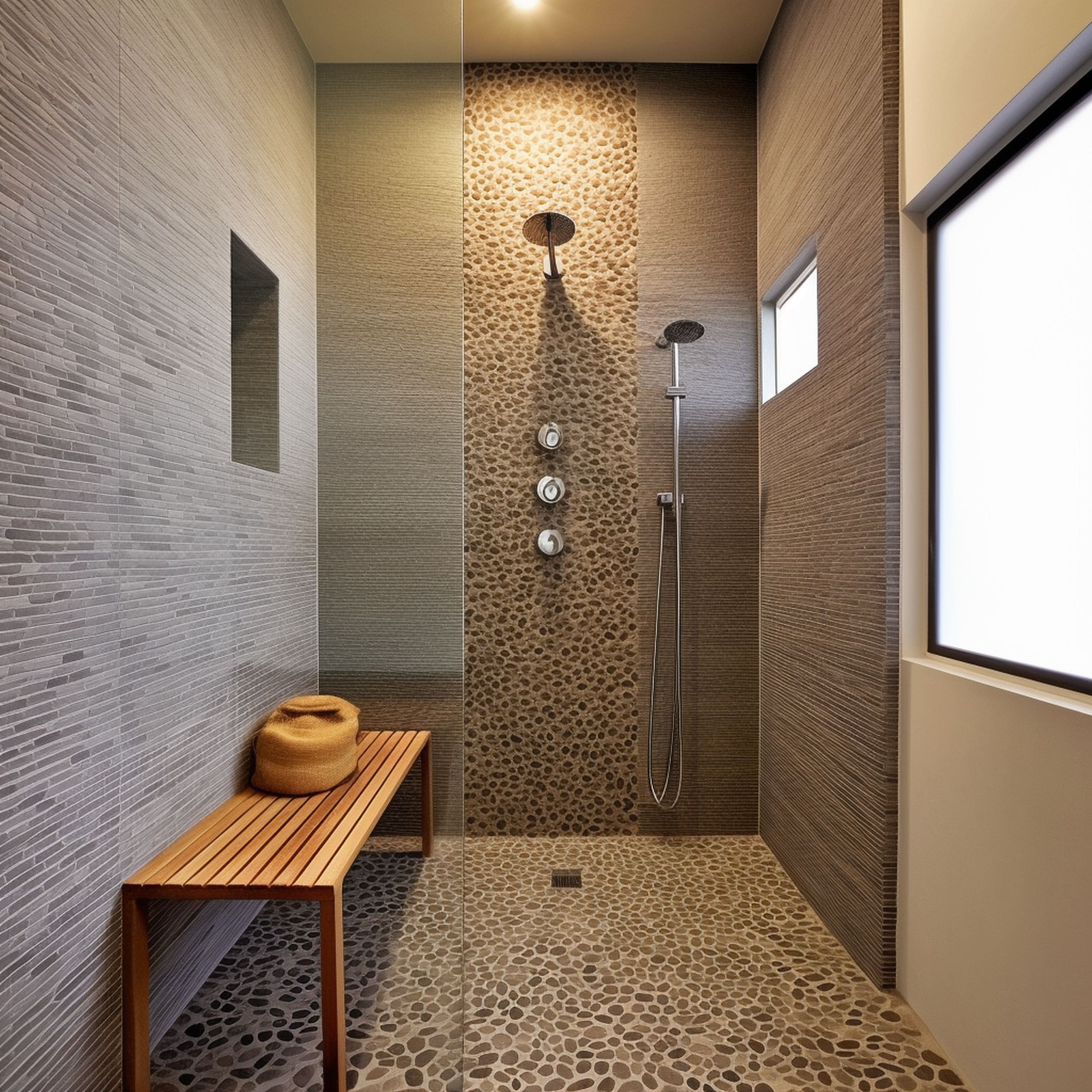 Beige Waterfall Shower Tile With Pebbles