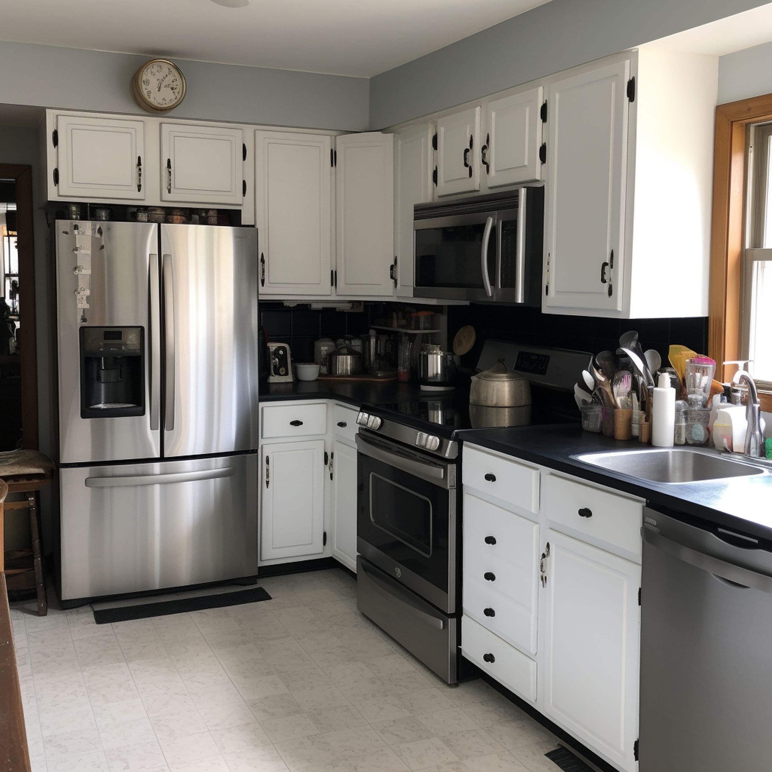 Outdated Kitchen With Black Stove and Stainless Steel Fridge