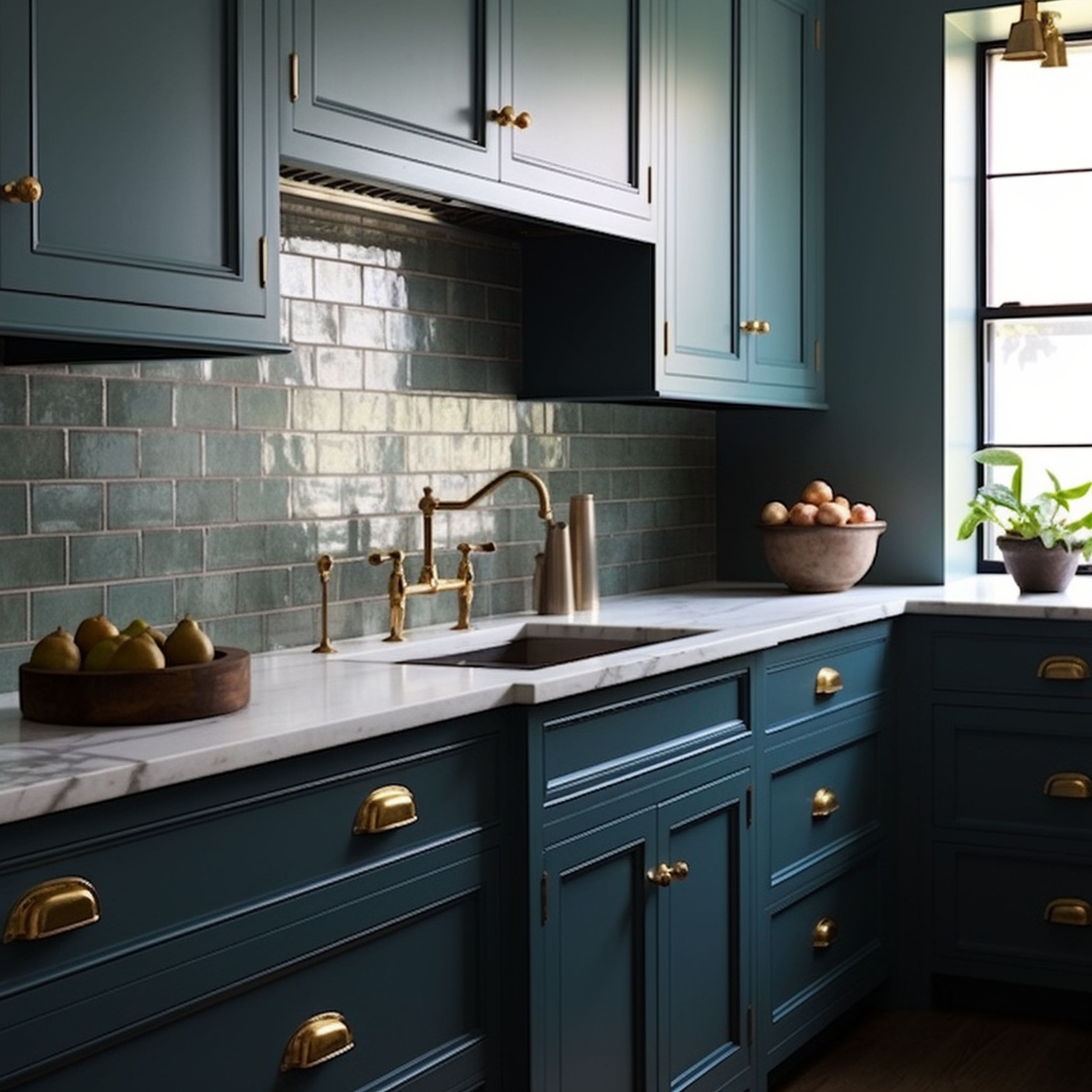 Teal Blue Kitchen With Brass Accents
