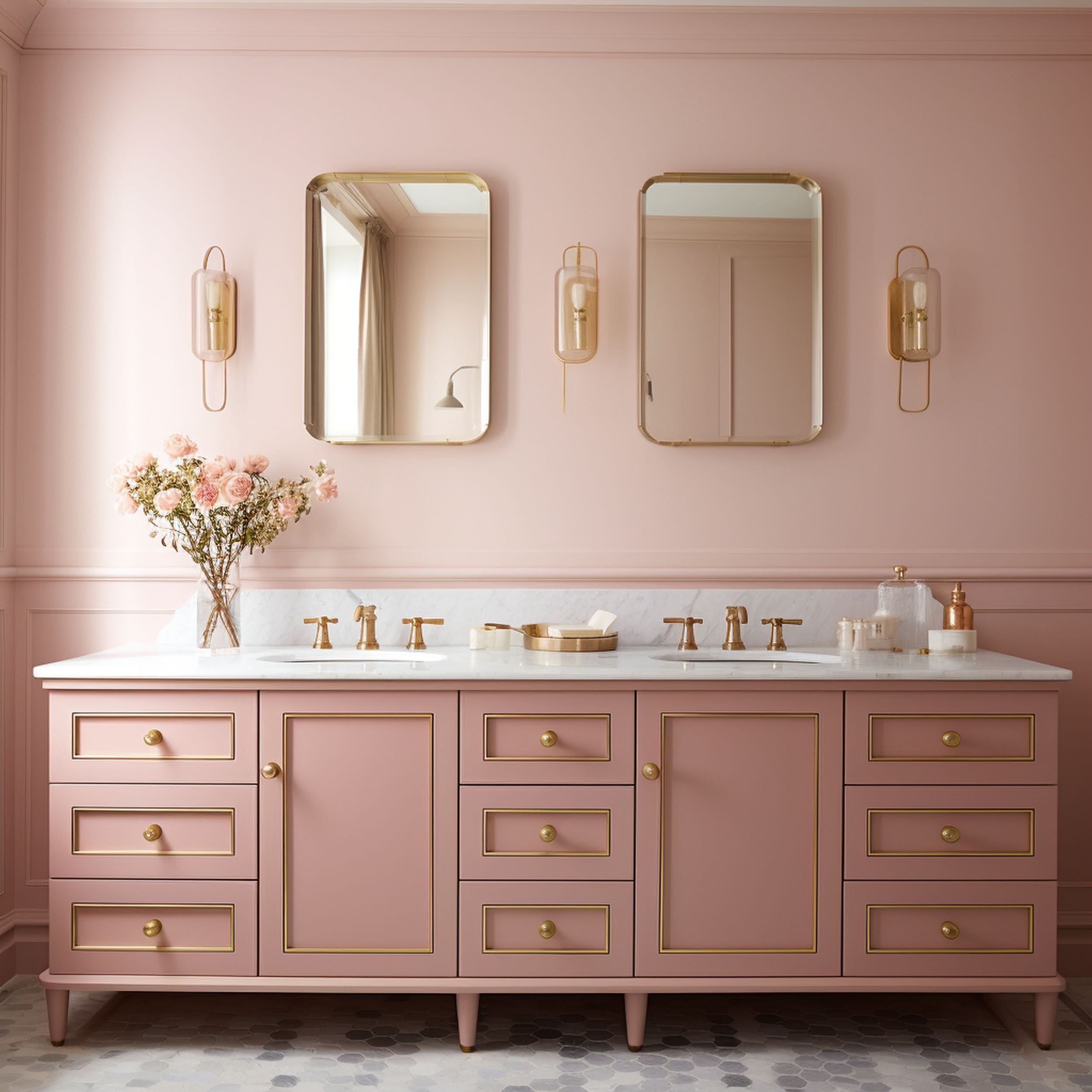 Light Pink Bathroom With Brass Accents