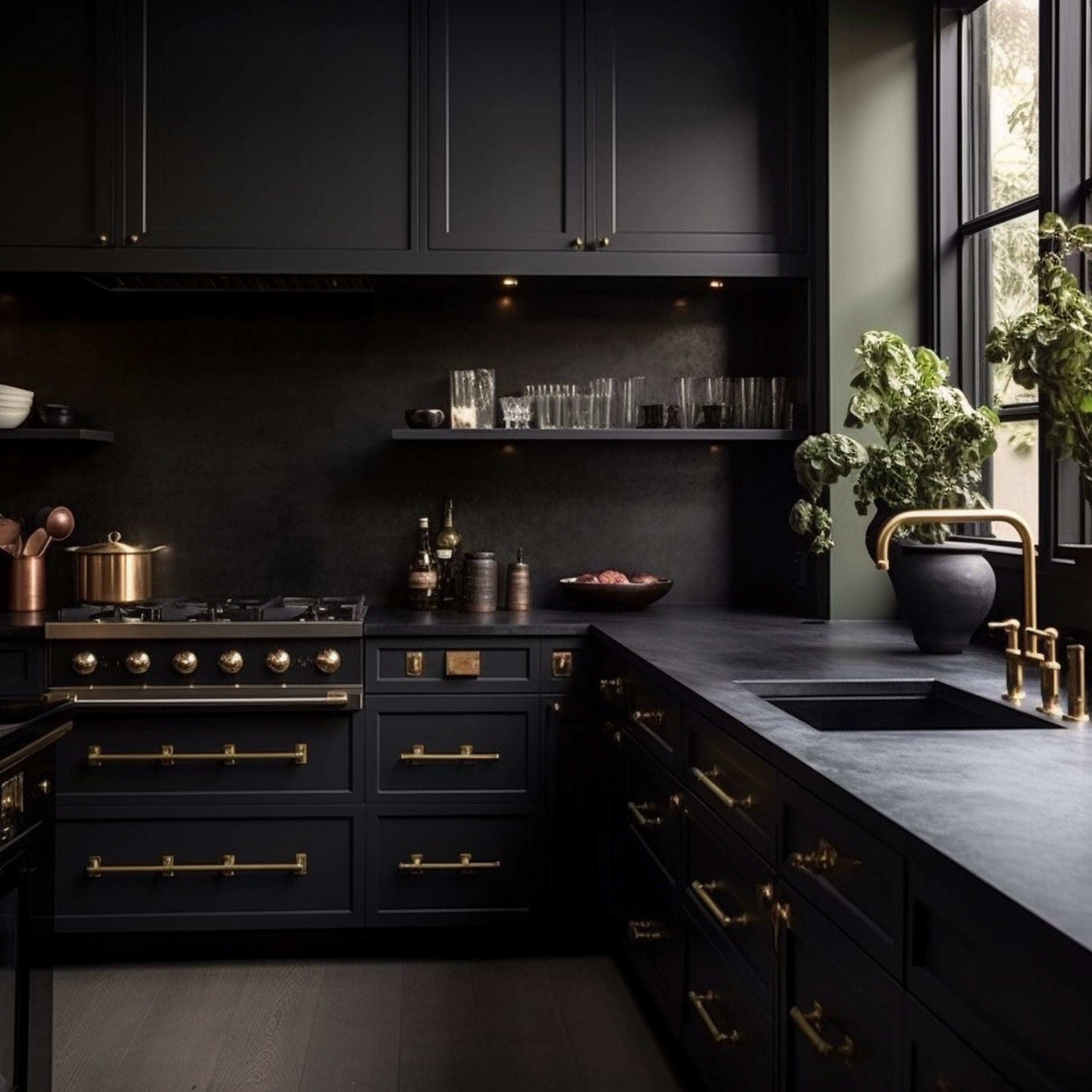 Black Kitchen With Brass Accents