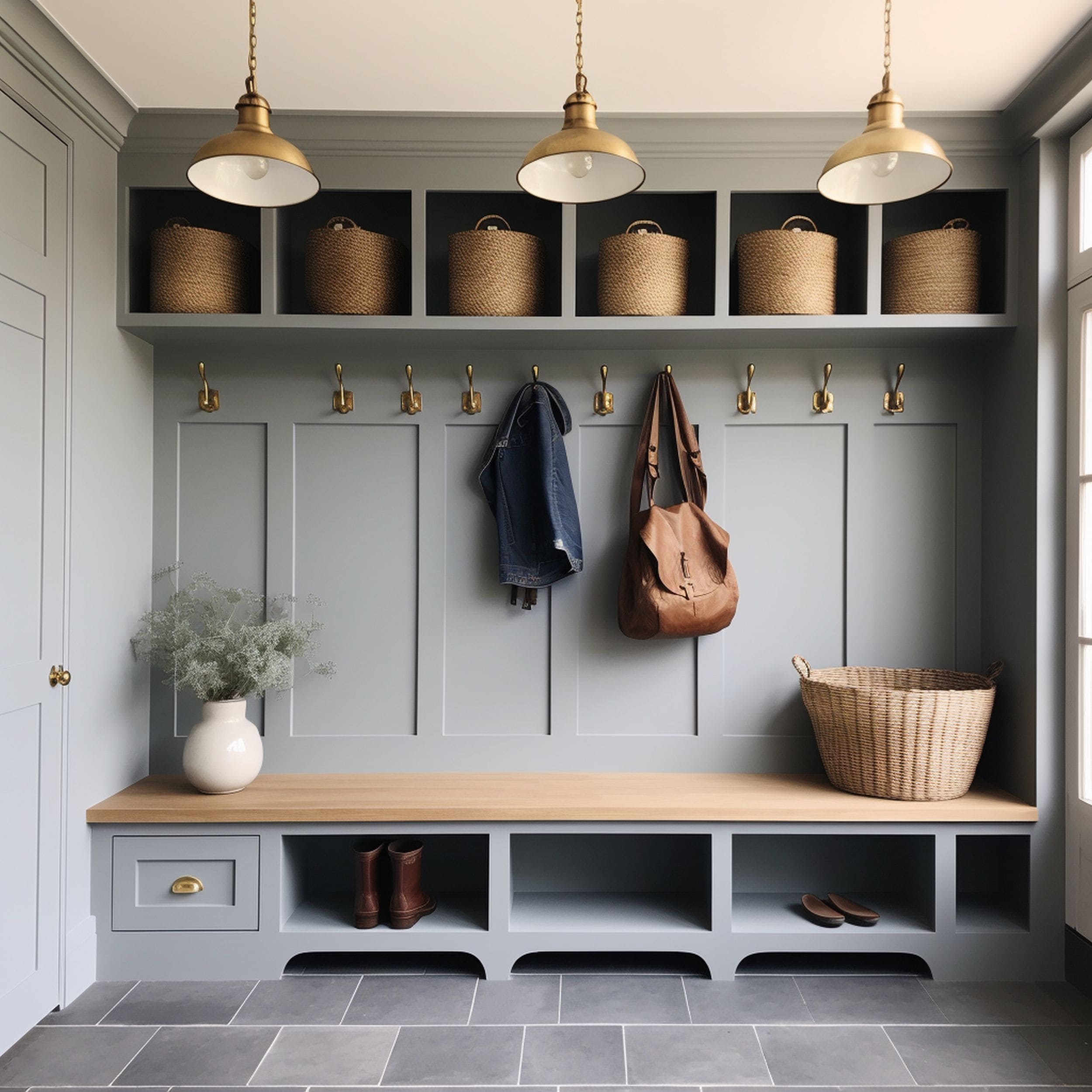 Light Gray Mudroom With Brass Accents