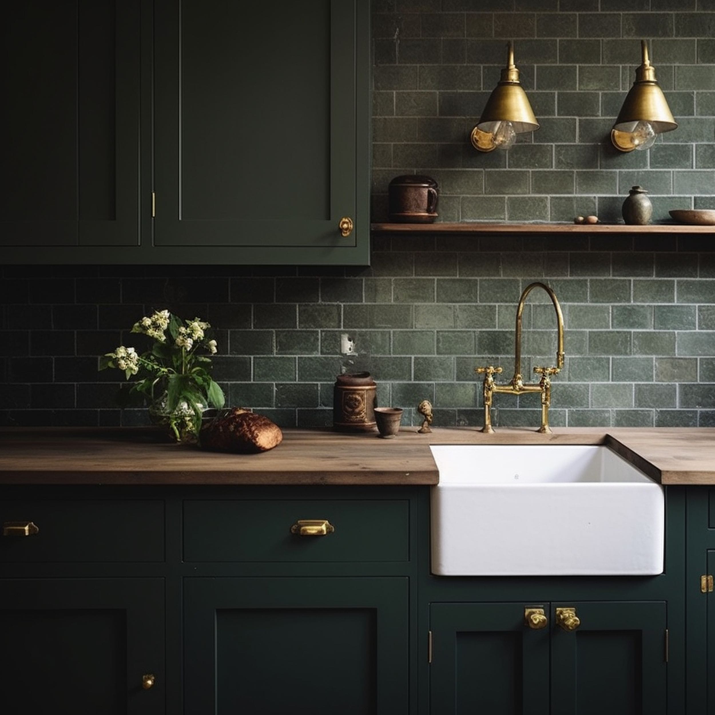 Forest Green Kitchen With Brass Accents