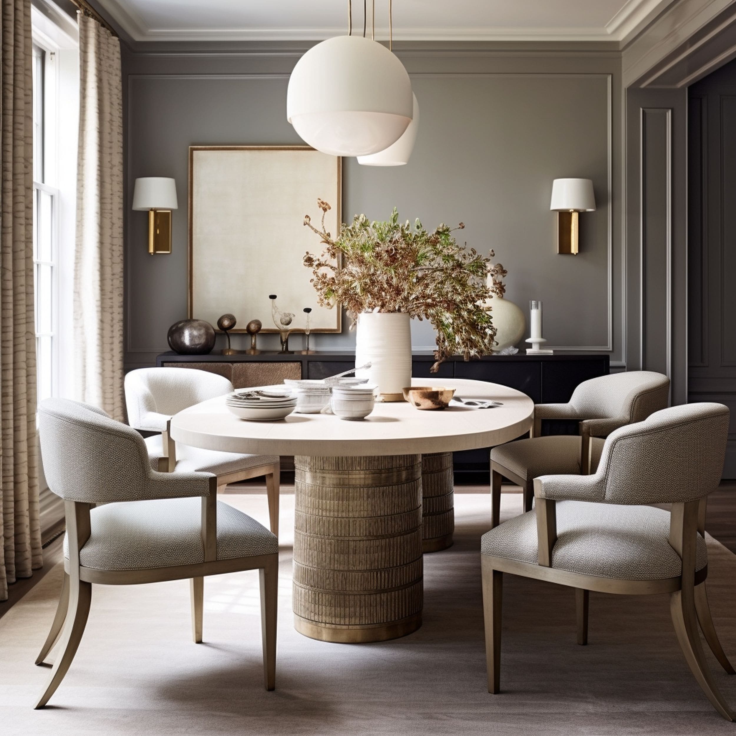 Neutral Toned Dining Room With Brass Accents