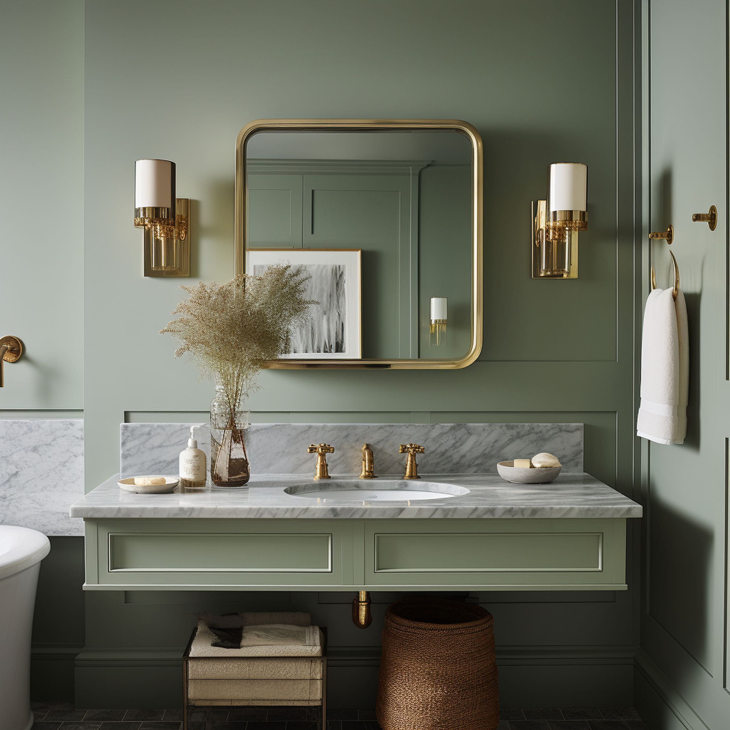 Dusky Sage Green Bathroom With Brass Accents