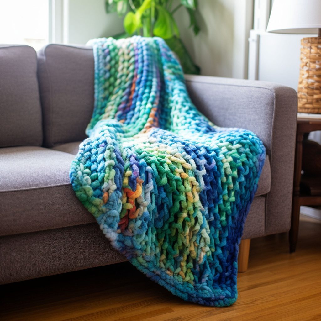 Colorful Chenille Throw Blanket on Couch