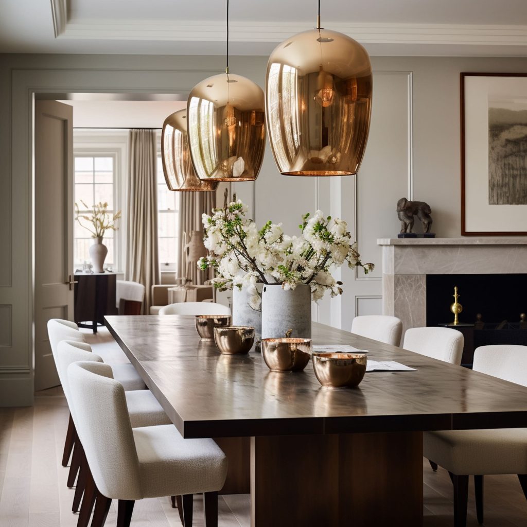 Ivory Gray Dining Room With Brass Accents