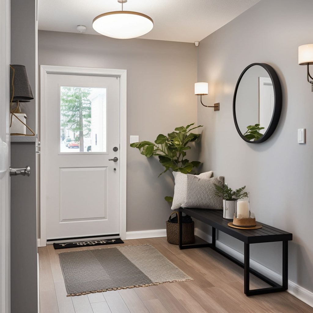 Light Gray Entryway With Black Bench Drop Zone