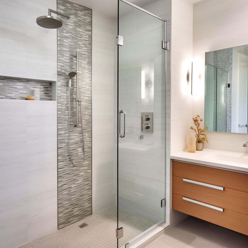 Modern White Bathroom With Gray Waterfall Shower Tile