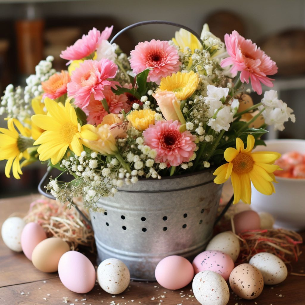 Rustic Bucket With Flowers and Easter Eggs