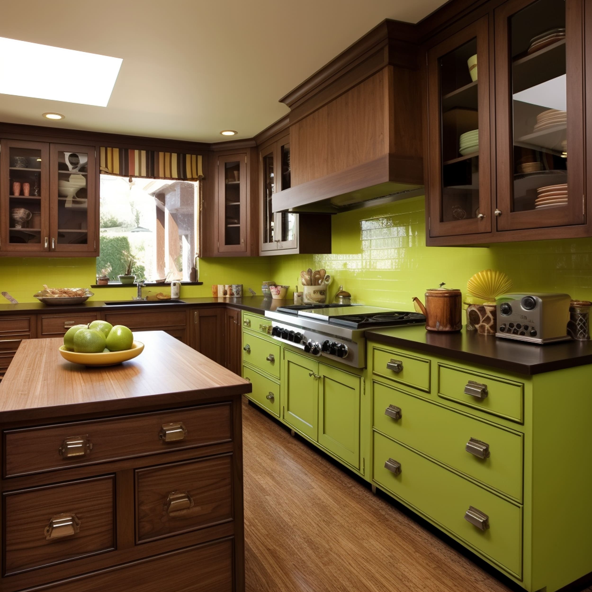 Kitchen With Mix of Lime Green and Brown Cabinets