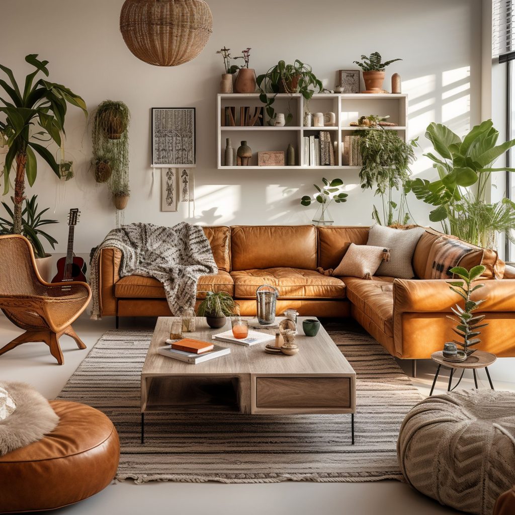Bohemian Living Room With Leather Couch and Tropical Plants