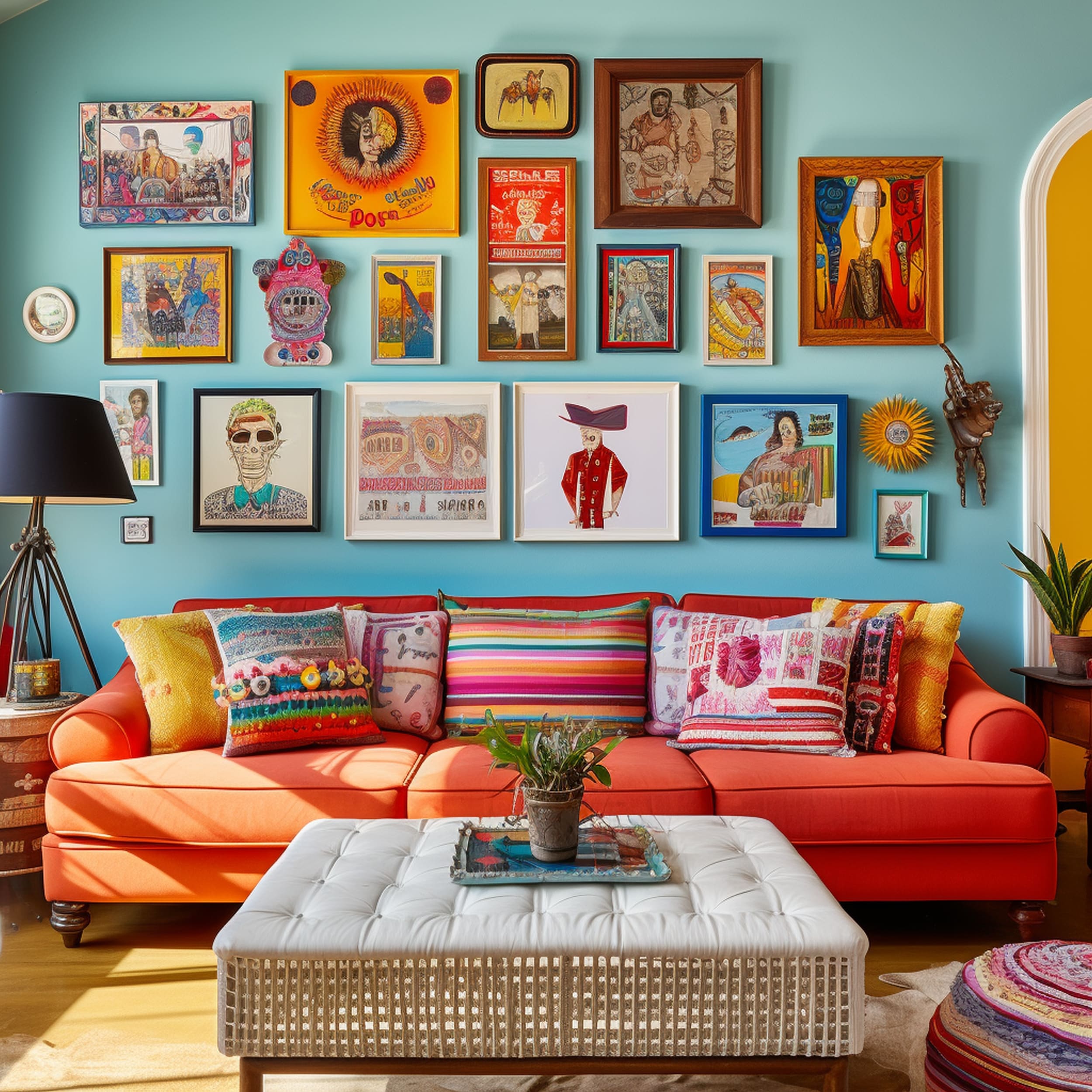 Mexican Inspired Gallery Wall in Colorful Living Room