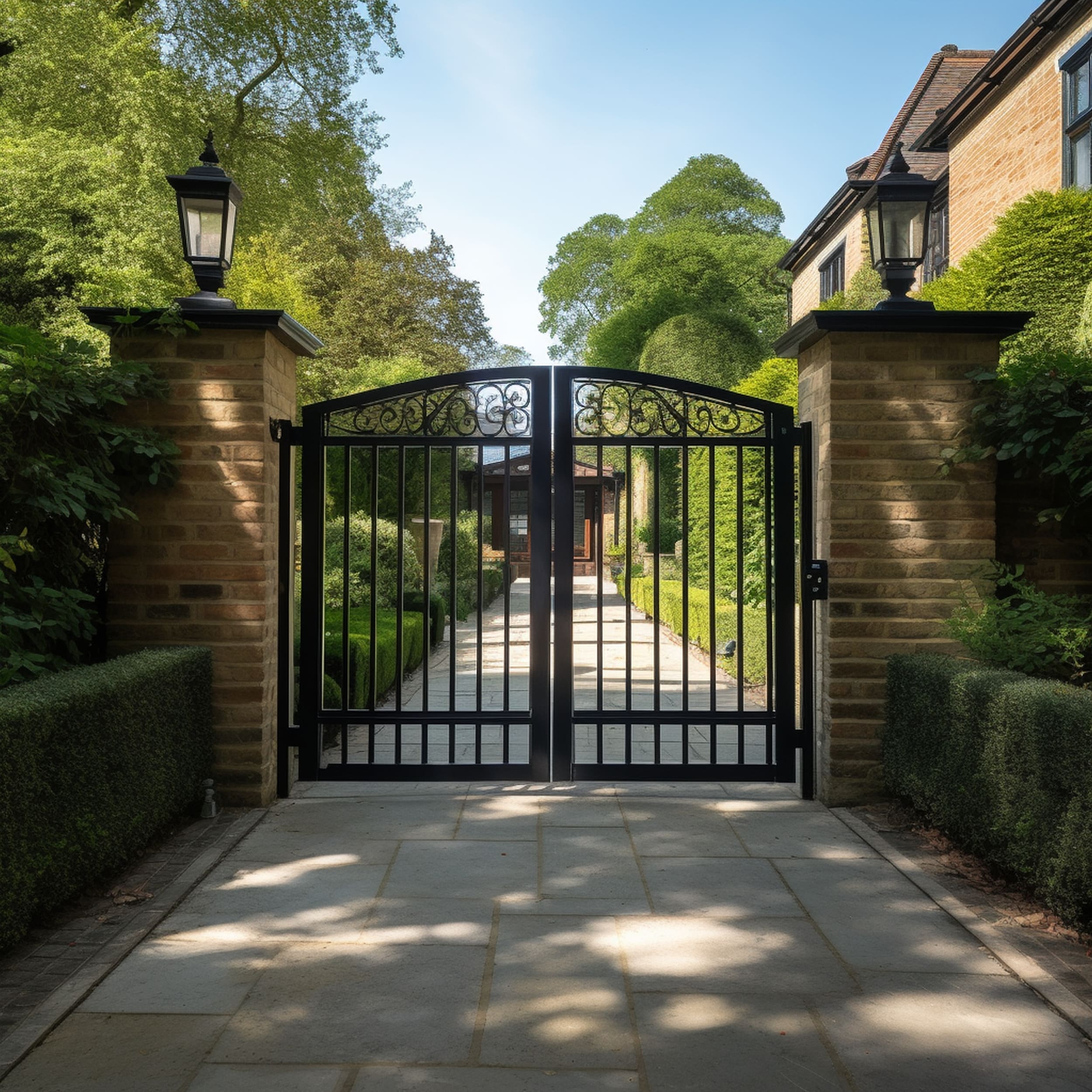 Simple Iron Driveway Gate With Brick Posts