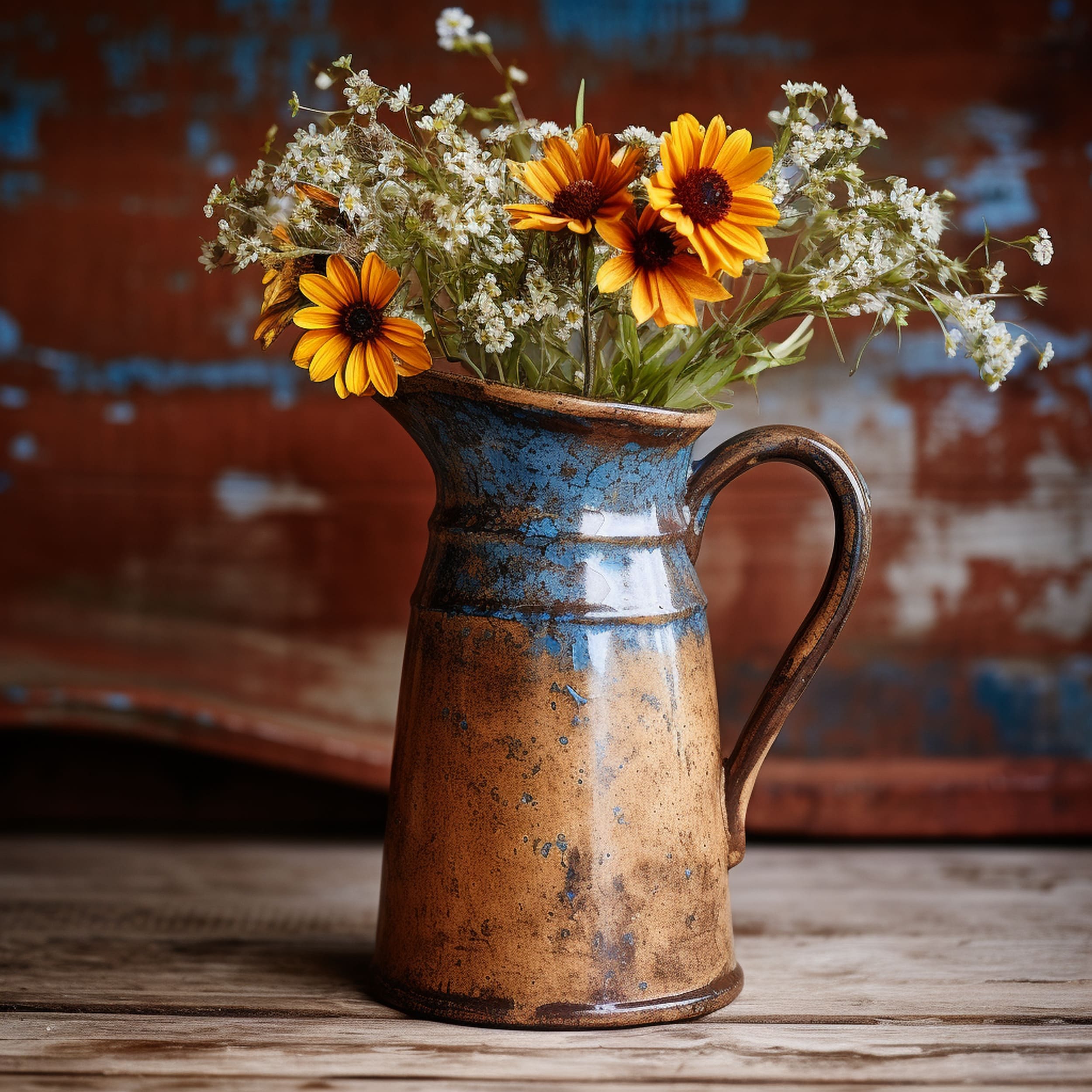 Rustic Pitcher Vase With Flowers