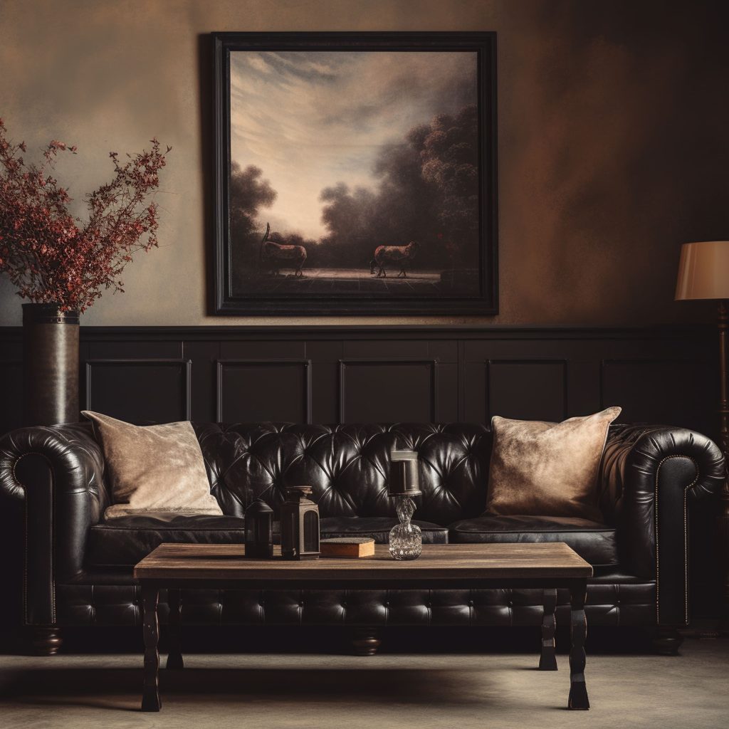 Black Leather Sofa With Beige Throw Pillows and Black Wainscoting