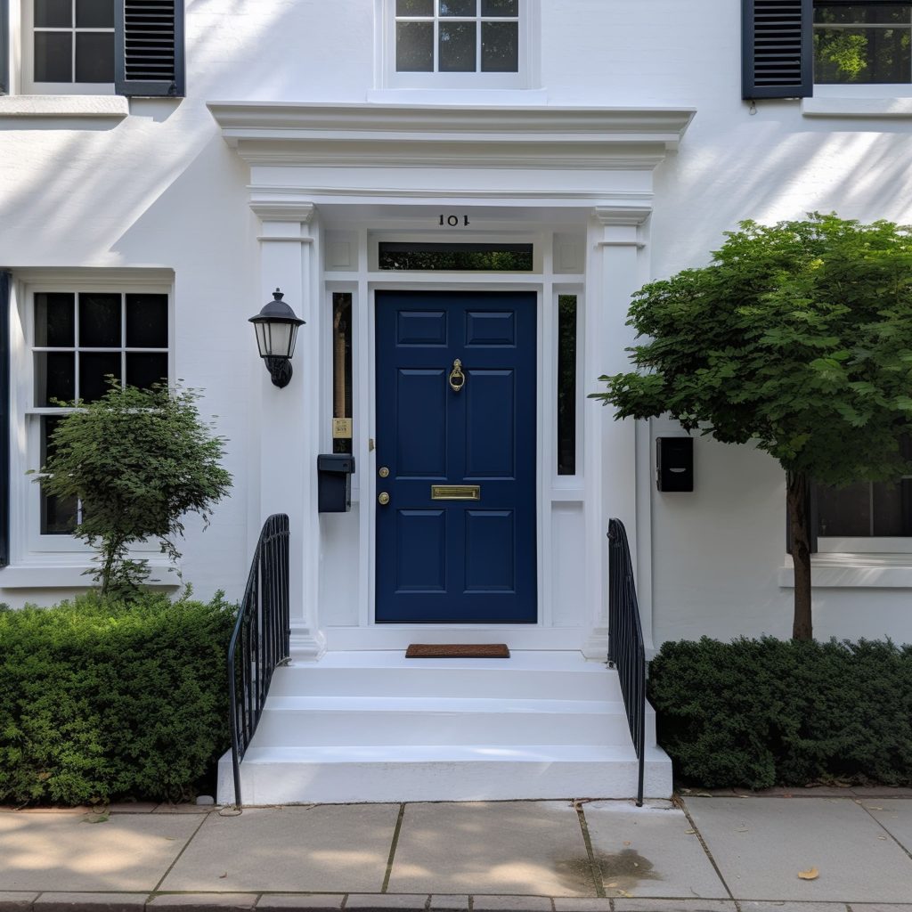 Blue Front Door on a White House With Matching Staircase