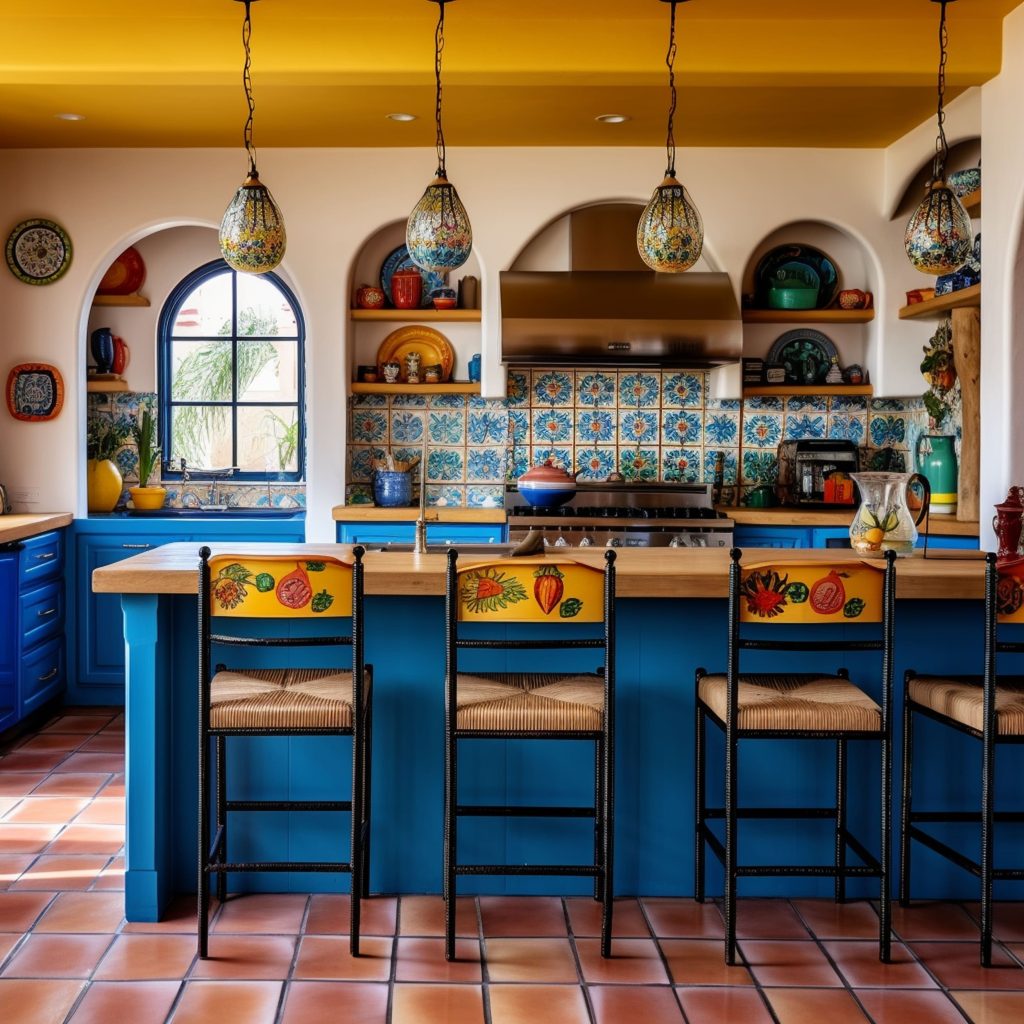 Mexican Inspired Kitchen With Patterned Backsplash And Decorative Bar Stools
