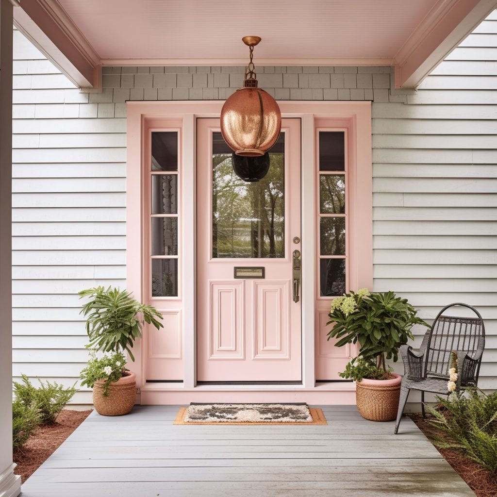 Pastel Pink Front Door on a House With Gray Siding