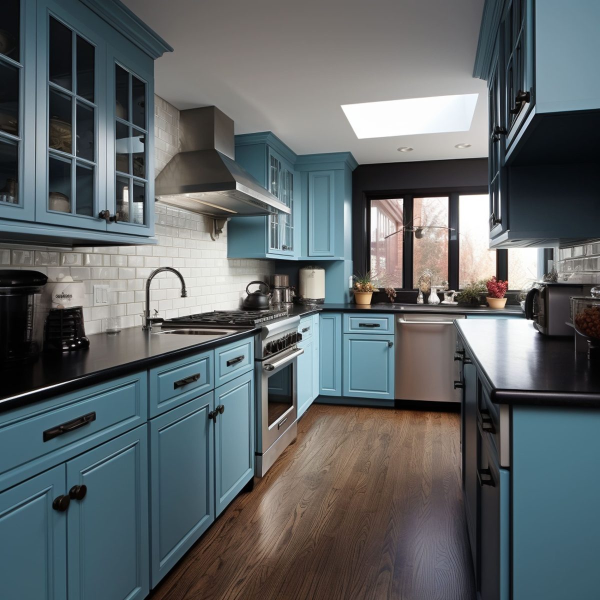 A Kitchen With Black Countertops Light Blue Cabinets and White Subway Tile Backsplash
