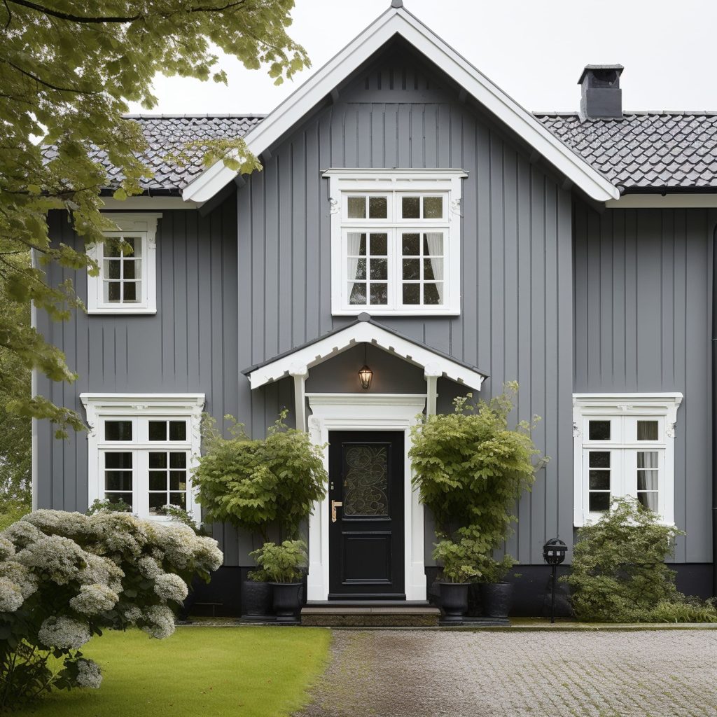 A Gray House With a Black Roof Black Front Door and White Trim