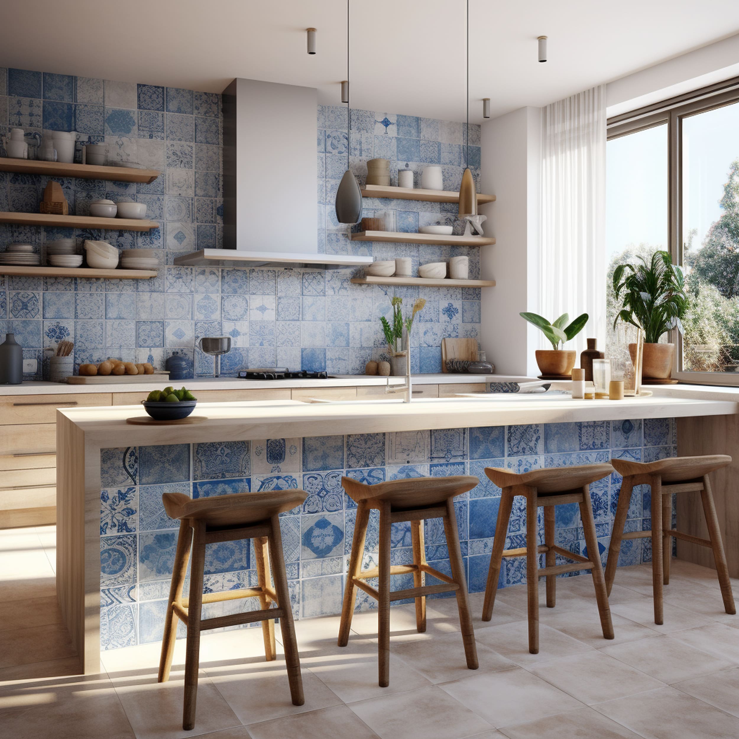 A Modern Kitchen With Light Blue Spanish Tiles on Backsplash and Kitchen Island