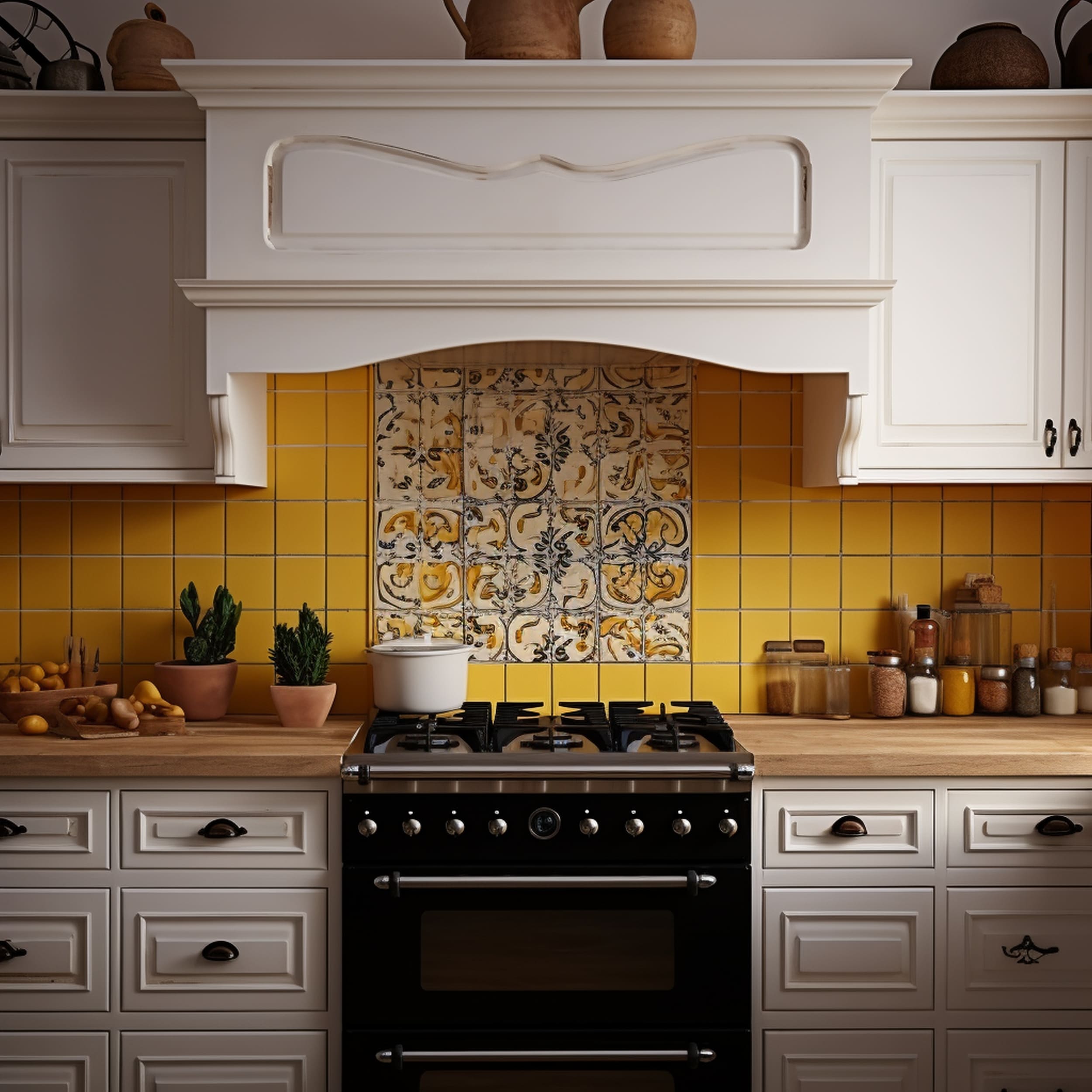 A Traditional Kitchen With a Bright Yellow Backsplash and a Black Stove