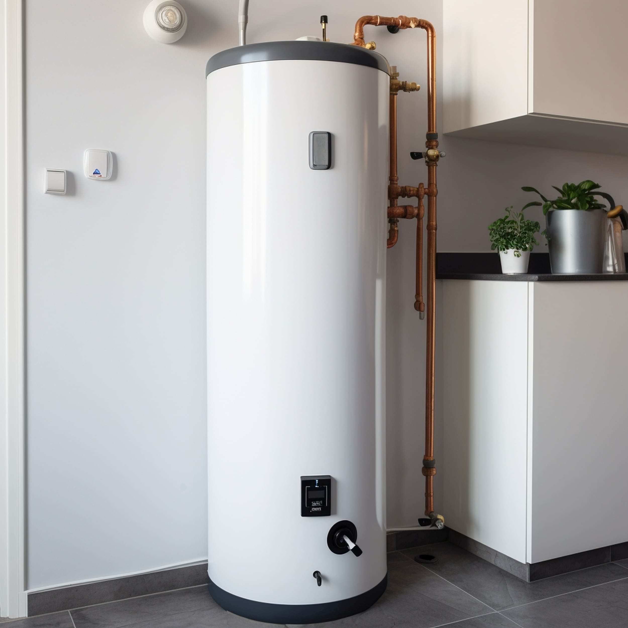 Water Heater Installed in  a Simple White Kitchen