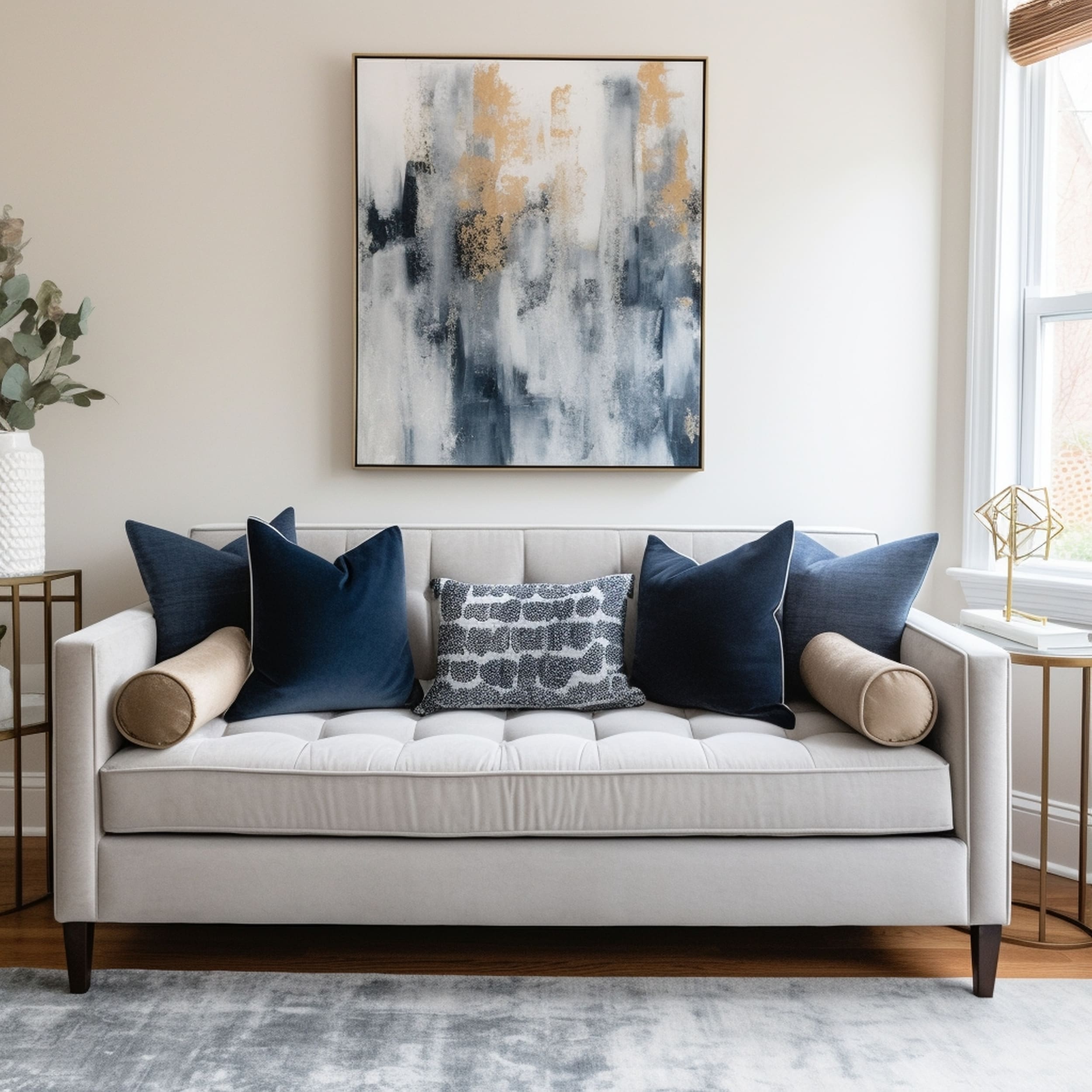Light Gray Couch With Navy Blue Throw Pillows