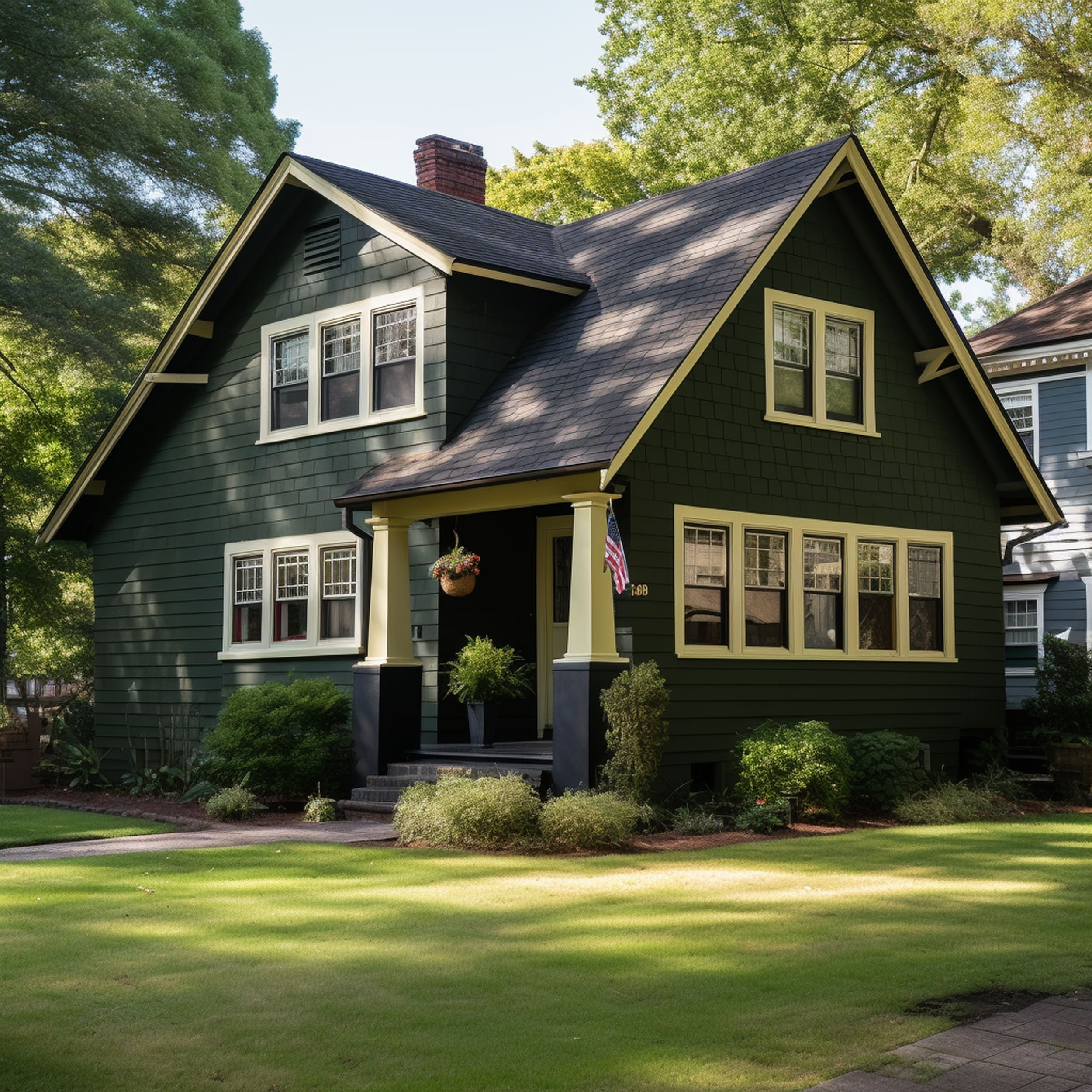 A Craftsman House With a Black Roof and Olive Green Siding
