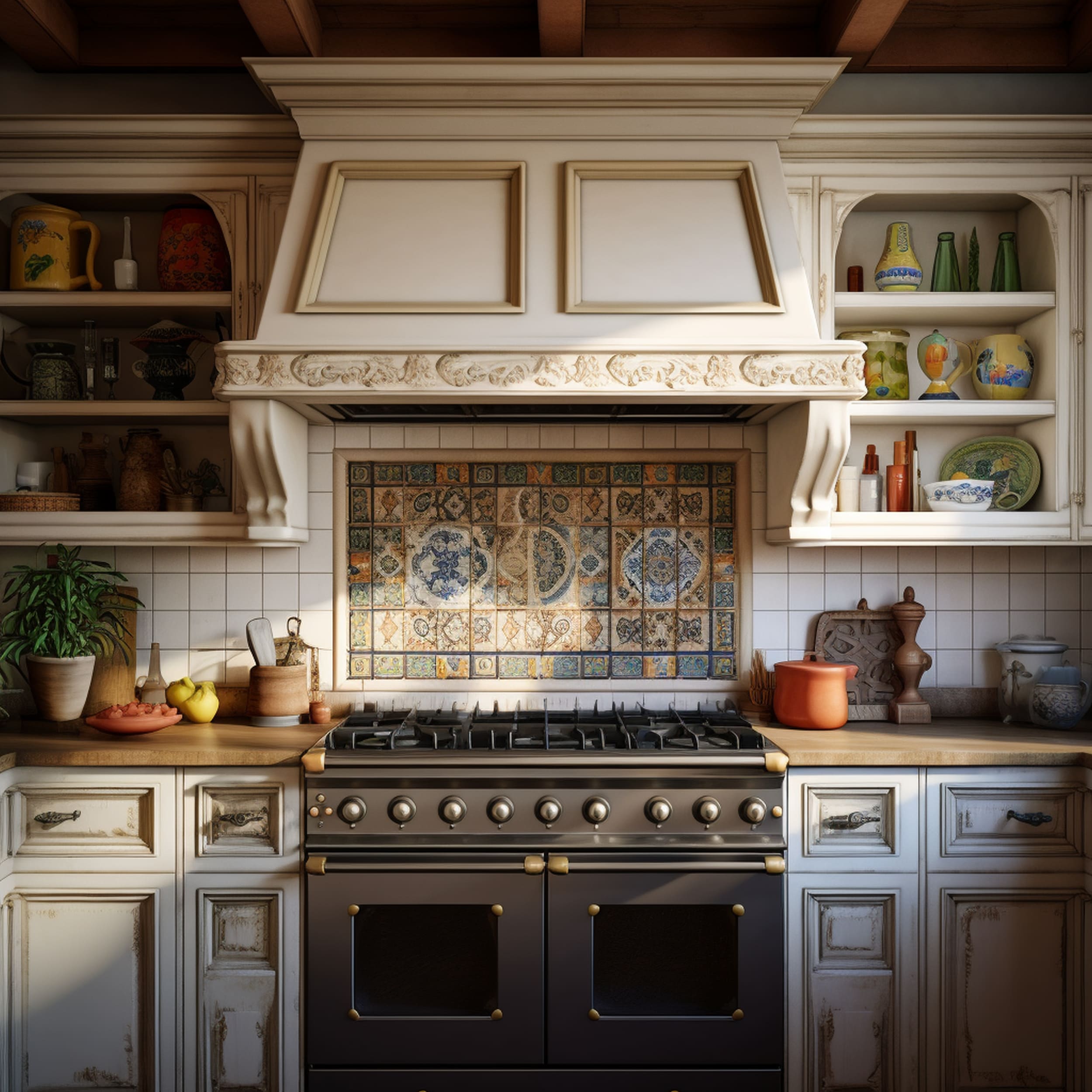 A Kitchen With a Spanish Tile Backsplash in a Complex Pattern