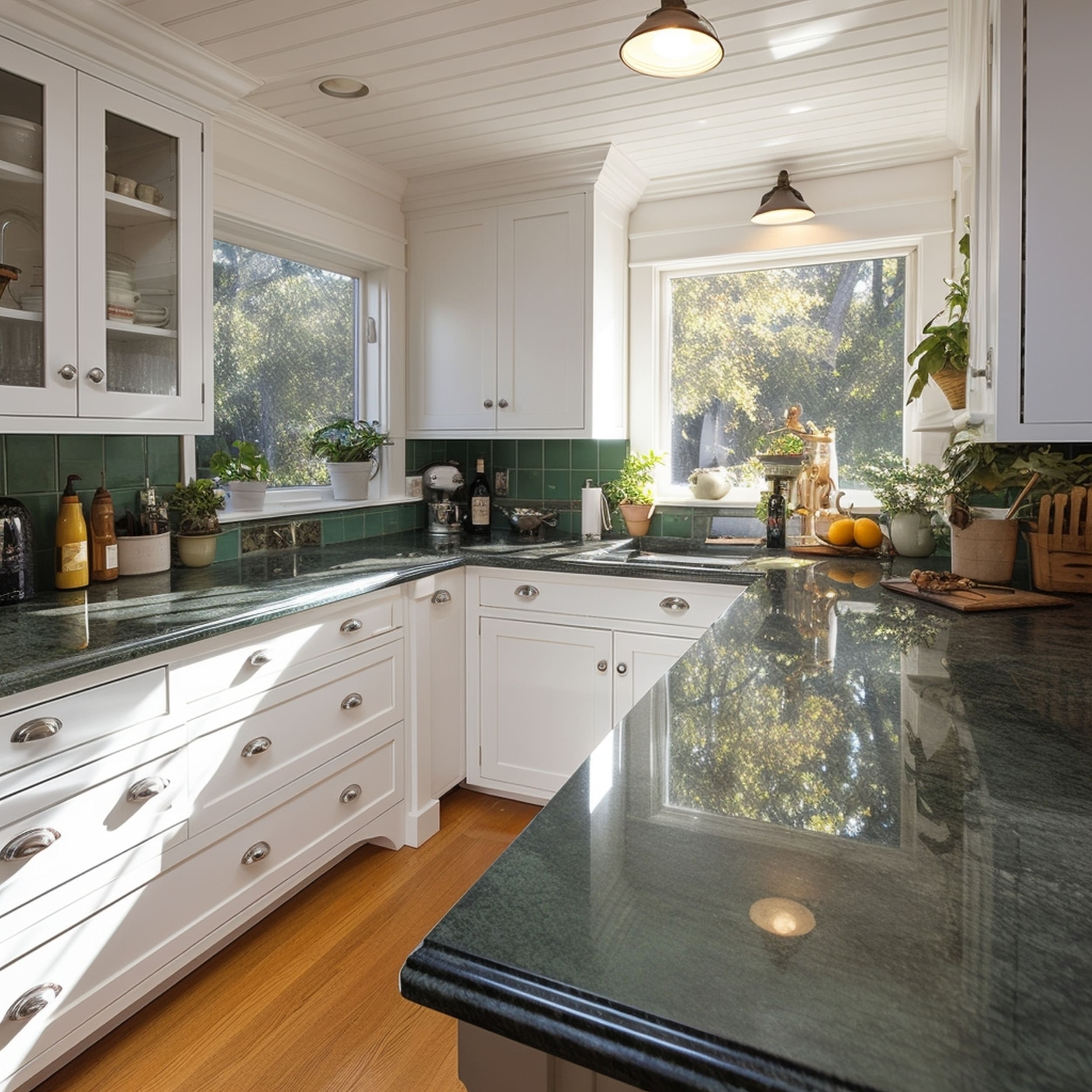 White Kitchen With Green Granite Countertops