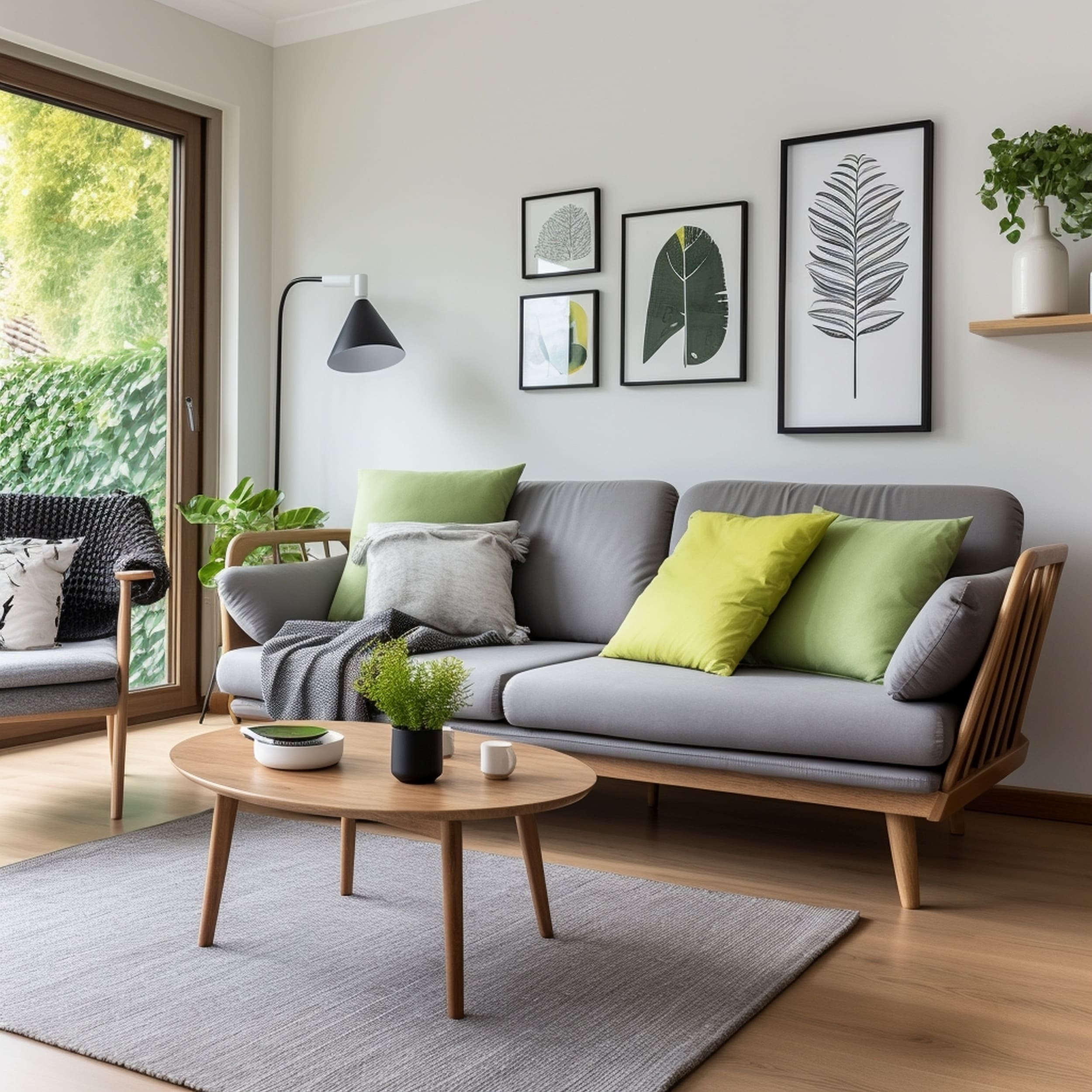 Scandinavian Living Room Featuring a Gray Couch With Lime Green Throw Pillows