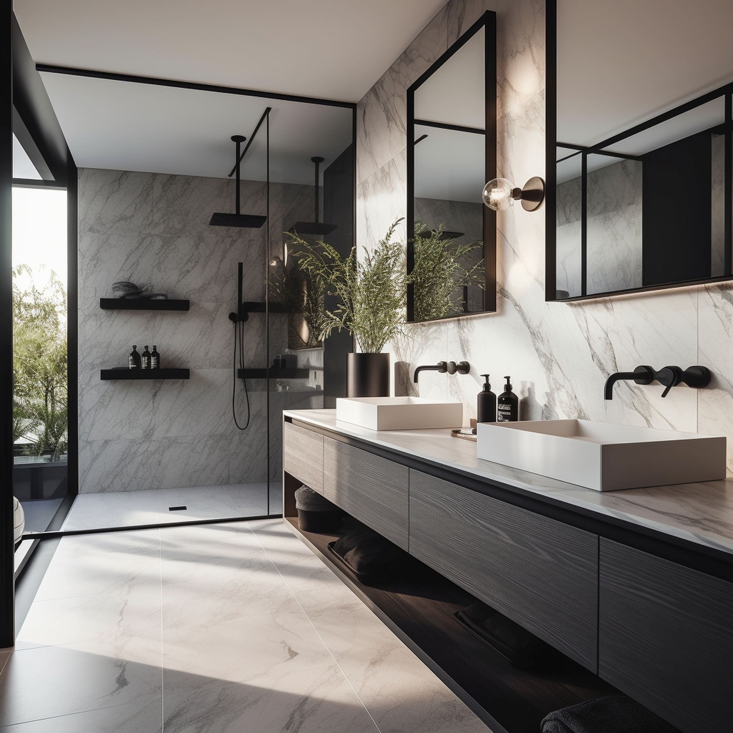 A Modern Bathroom With Matte Black Fixtures and Marble Designs on the Countertop Wall and Floor