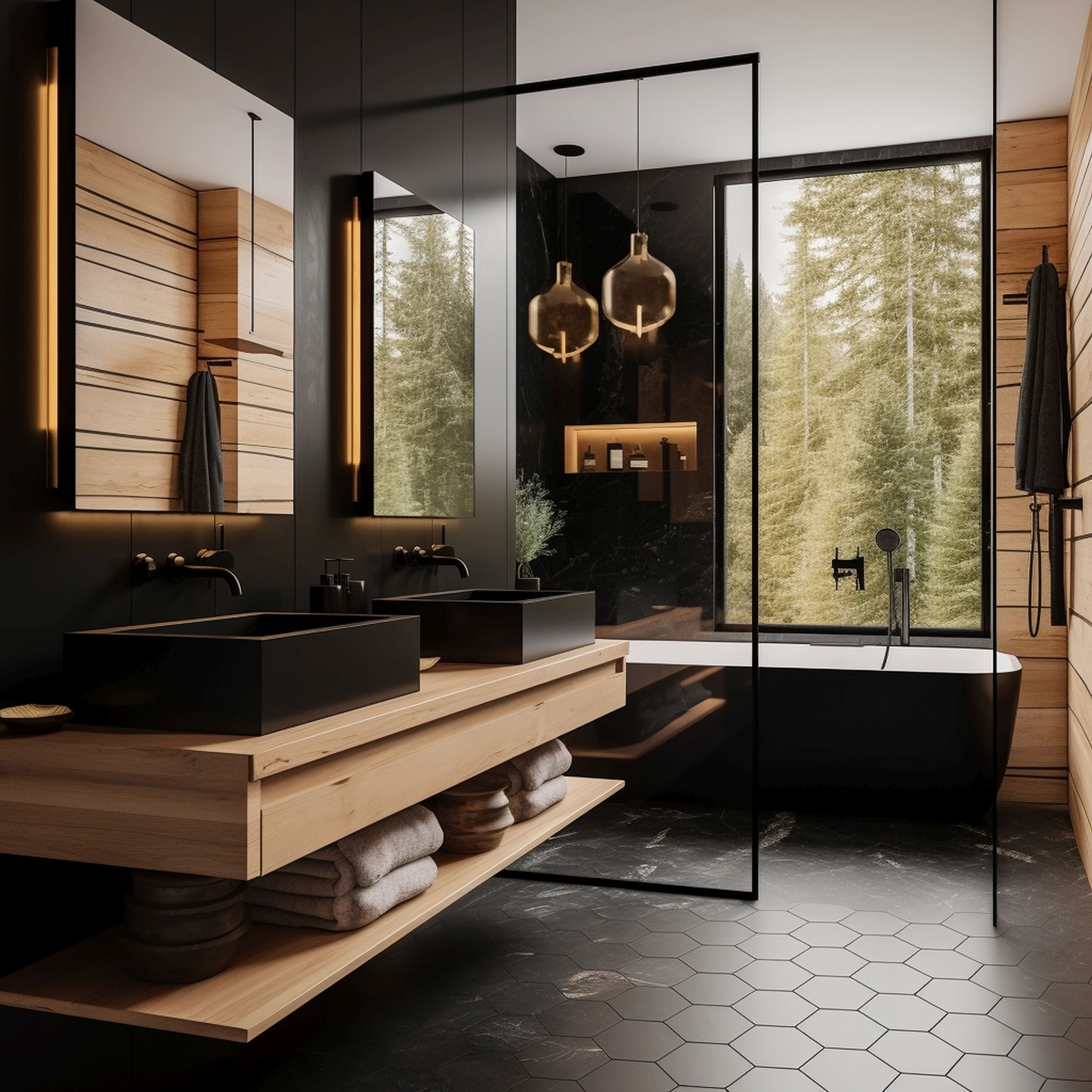 A Modern Bathroom With Matte Black Fixtures and a Matching Honeycomb Patterned Floor